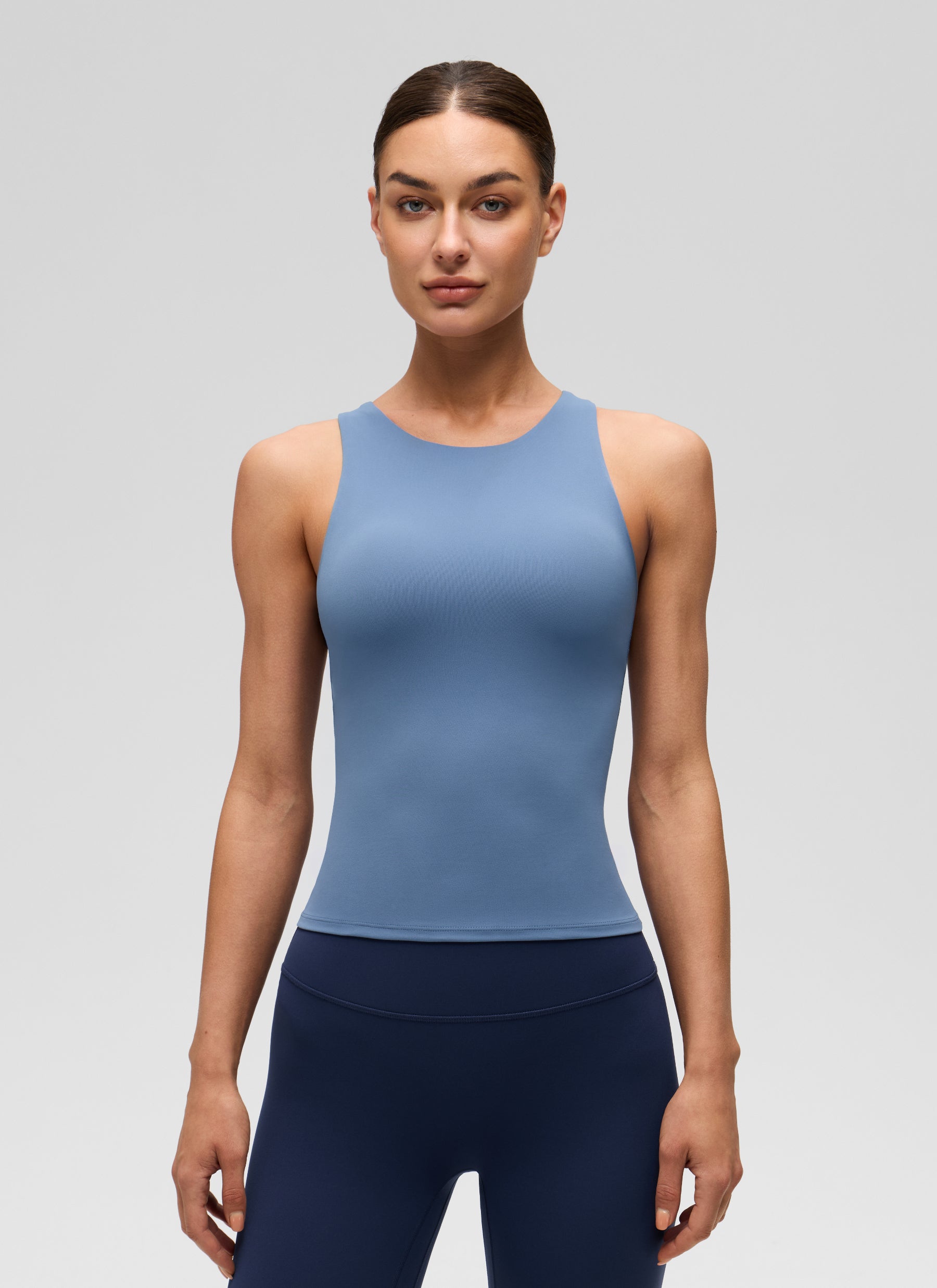 CRZ YOGA Women's Butterluxe Built-in Bra High Neck Racerback Tank Oasis Blue @model_info:K