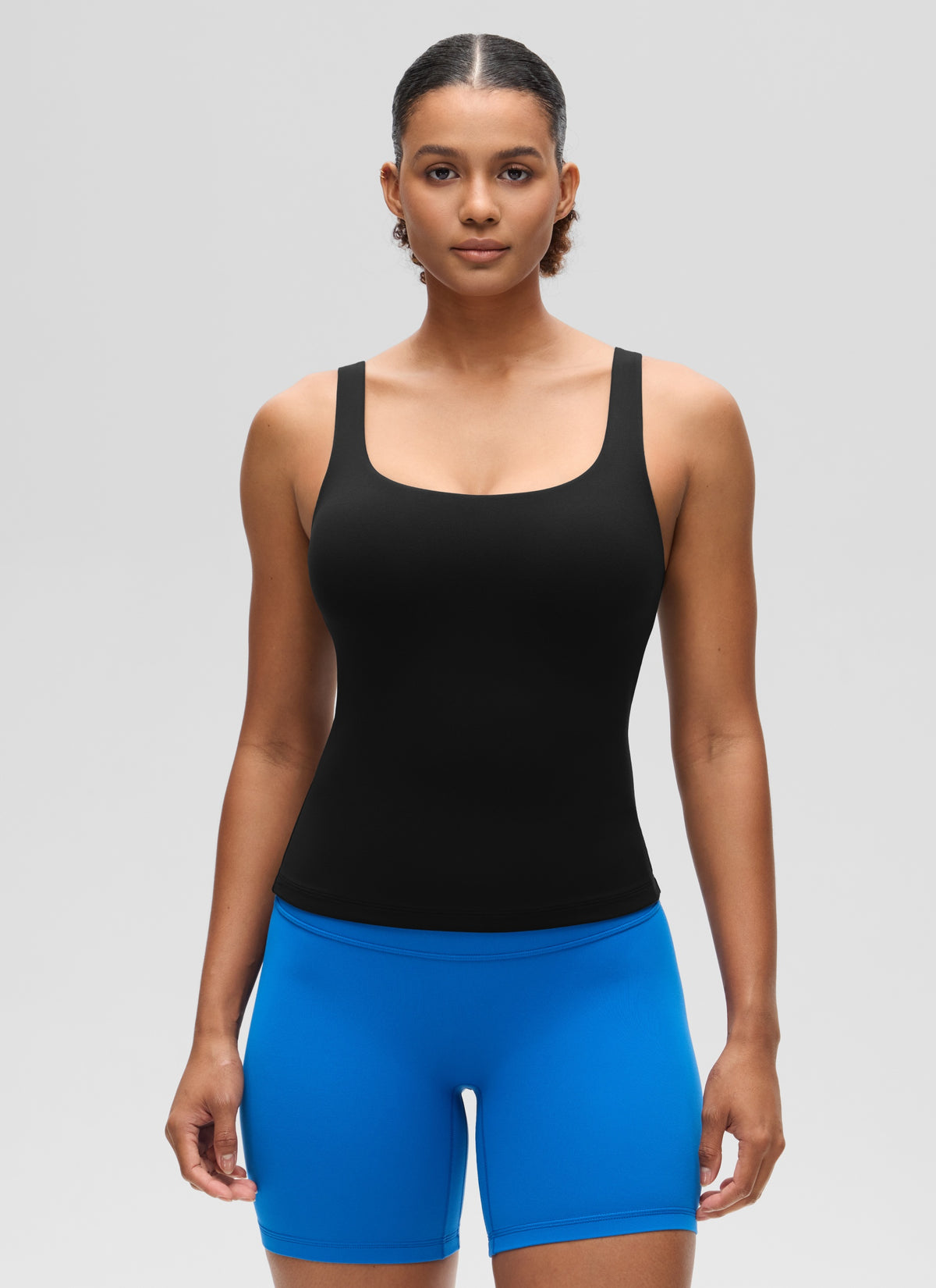 CRZ YOGA Women's SlimFit Tops Butterluxe Built-in Bra U Neck Tanks Black @model_info:Barbara