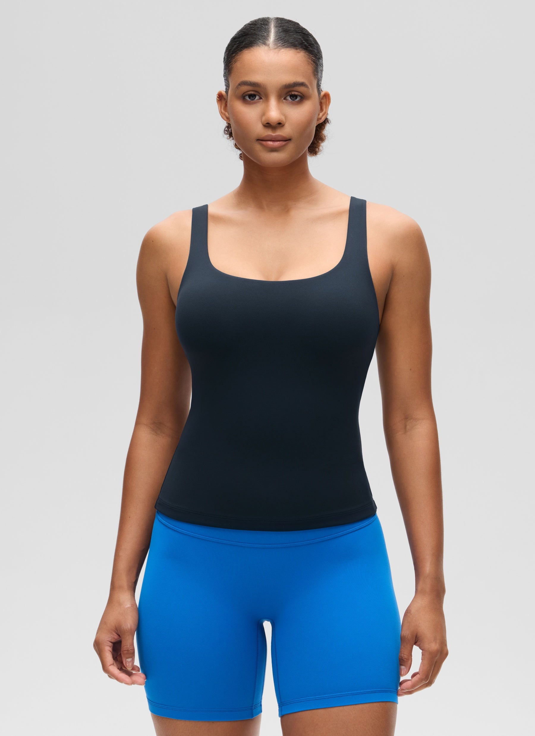 CRZ YOGA Women's SlimFit Tops Butterluxe Built-in Bra U Neck Tanks True Navy