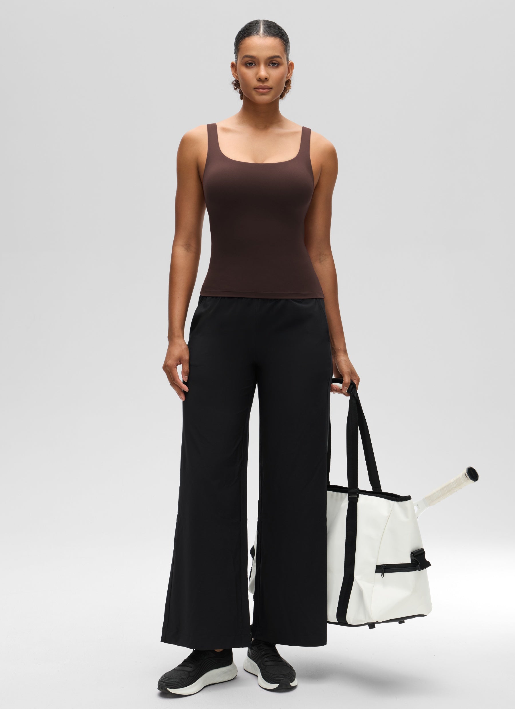 CRZ YOGA Women's SlimFit Tops Butterluxe Built-in Bra U Neck Tanks Hot Fudge Brown