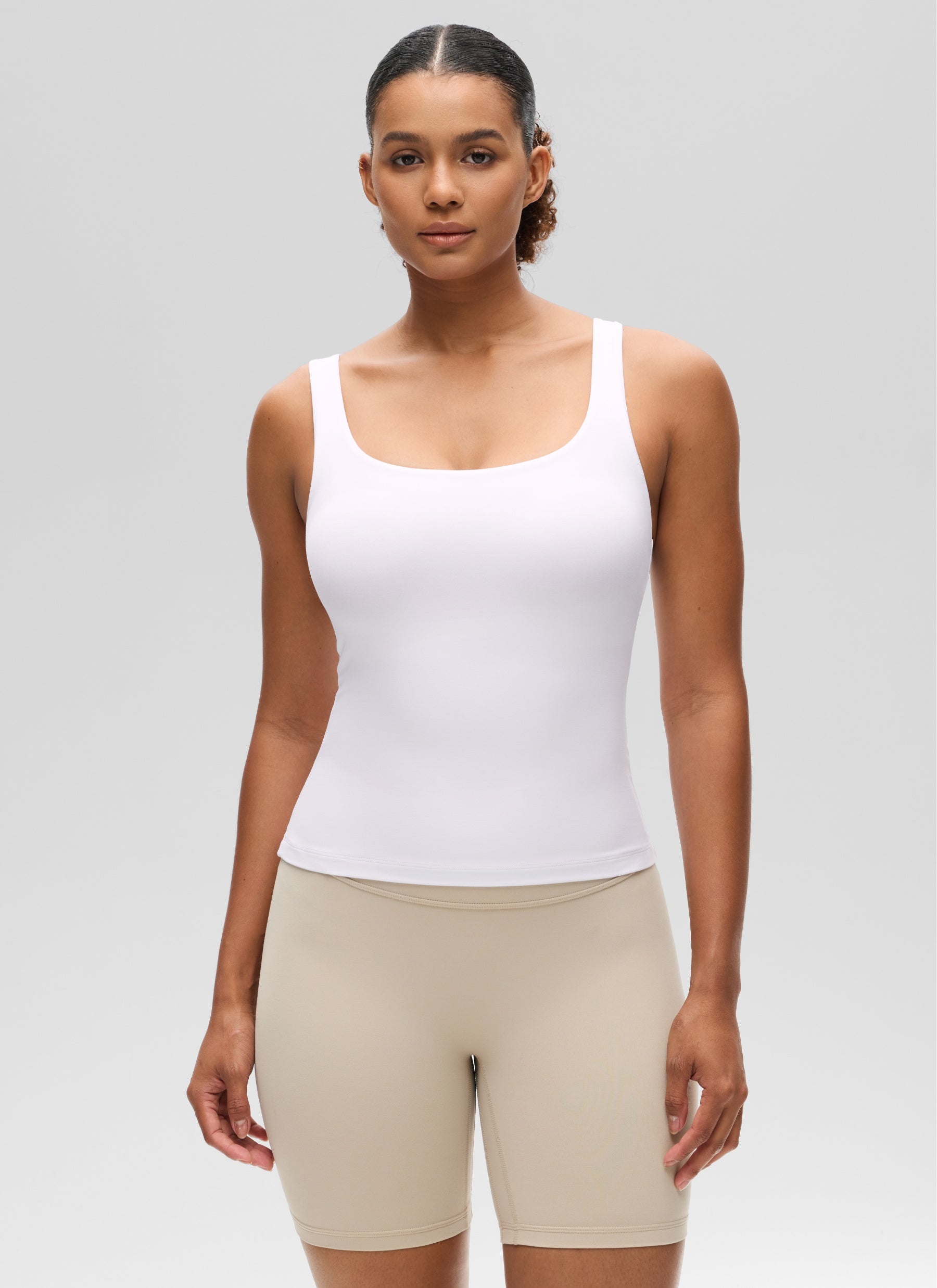 CRZ YOGA Women's SlimFit Tops Butterluxe Built-in Bra U Neck Tanks White