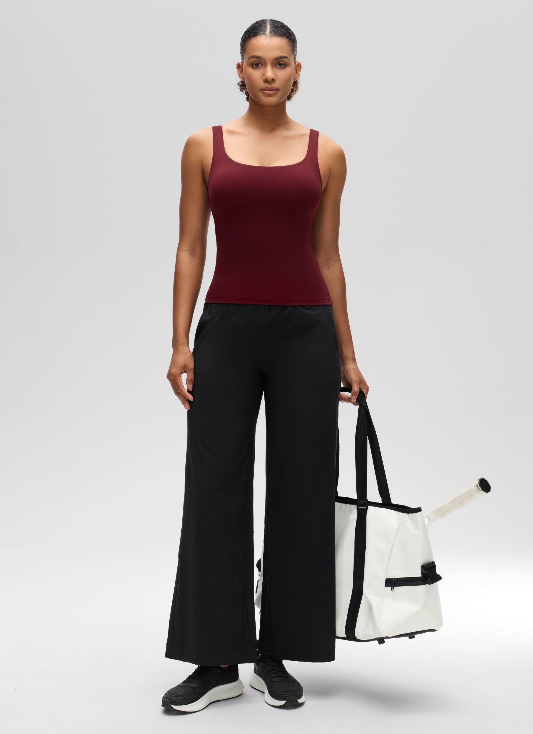 CRZ YOGA Women's SlimFit Tops Butterluxe Built-in Bra U Neck Tanks Red Merlot @model_info:Barbara