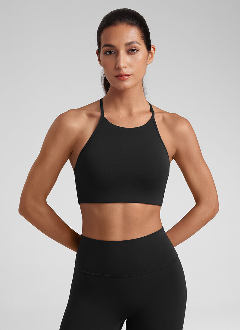 CRZ YOGA Butterluxe Womens High Neck Y Racerback Sports Bra Thin Strap Black