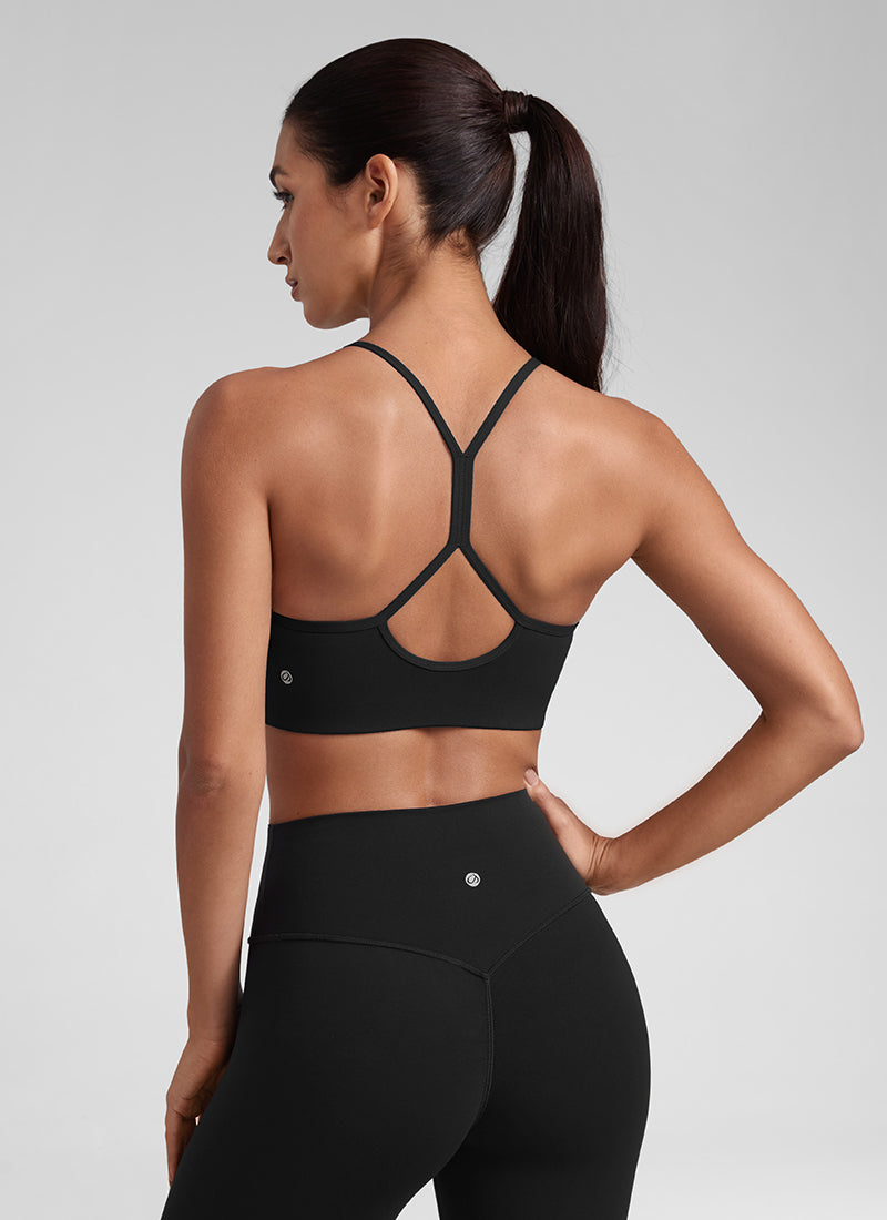 CRZ YOGA Butterluxe Womens High Neck Y Racerback Sports Bra Thin Strap Black