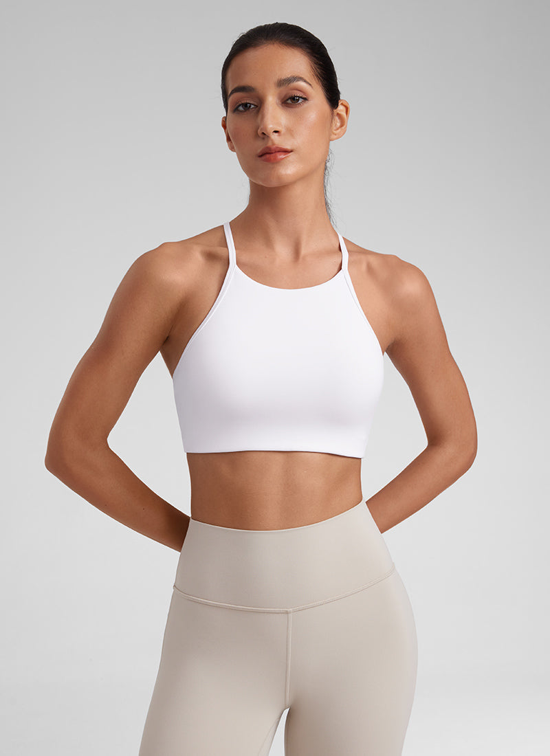 CRZ YOGA Butterluxe Womens High Neck Y Racerback Sports Bra Thin Strap White