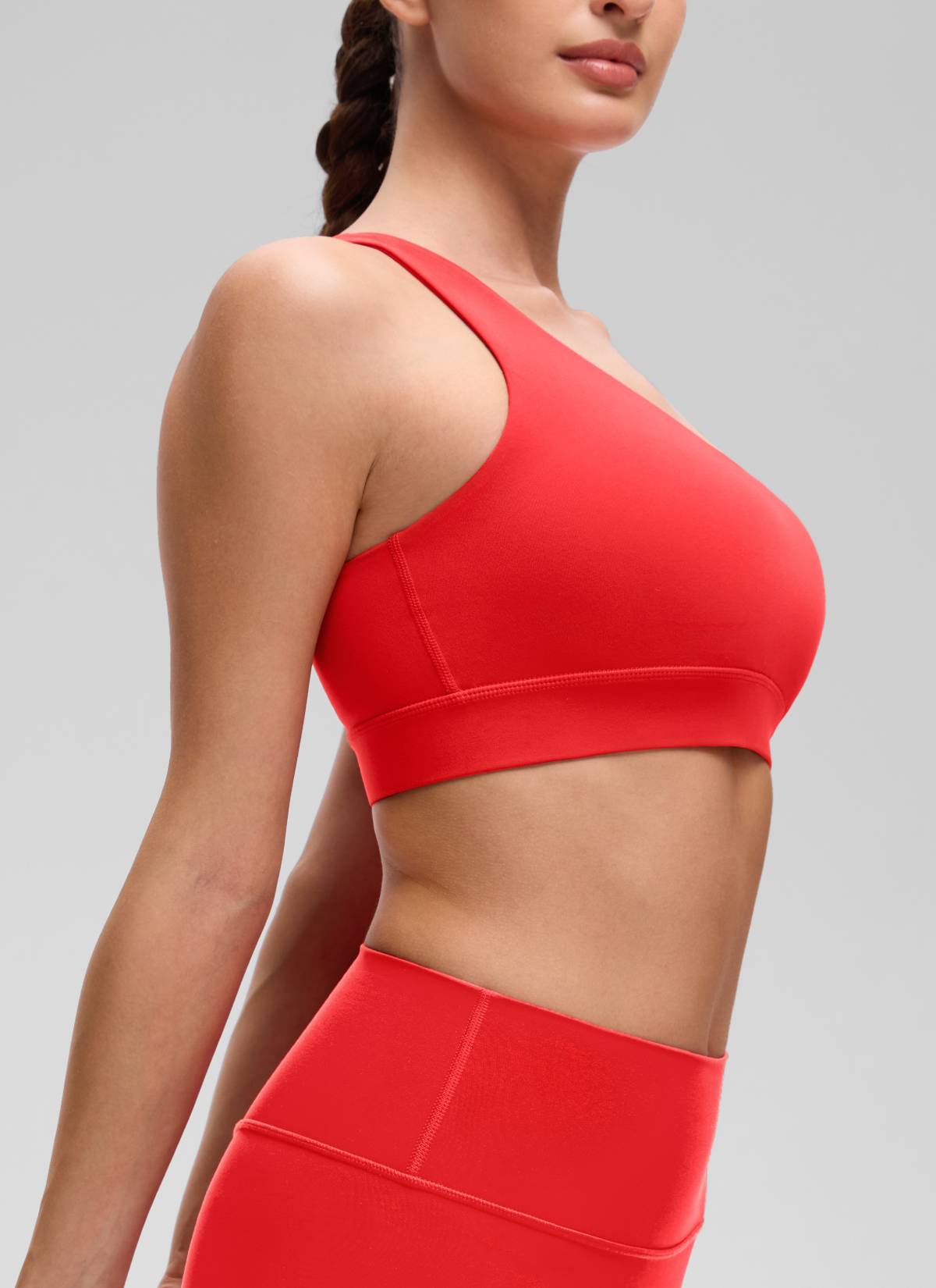 CRZ YOGA Butterluxe Womens One Shoulder Sports Bra Asymmetrical Padded Deep Red @model_info:Inga