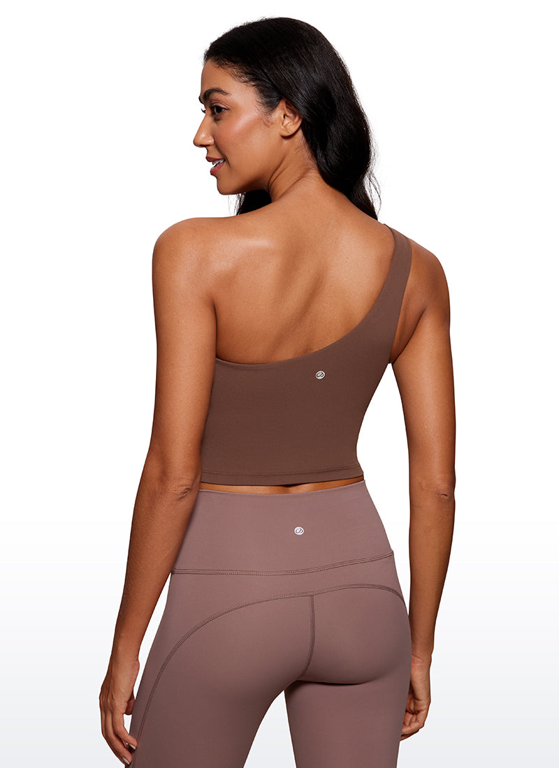 CRZ YOGA Butterluxe Women's One Shoulder Longline Sports Bra Coffee Brown