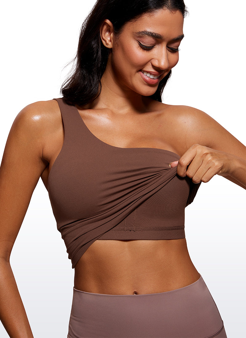 CRZ YOGA Butterluxe Women's One Shoulder Longline Sports Bra Coffee Brown