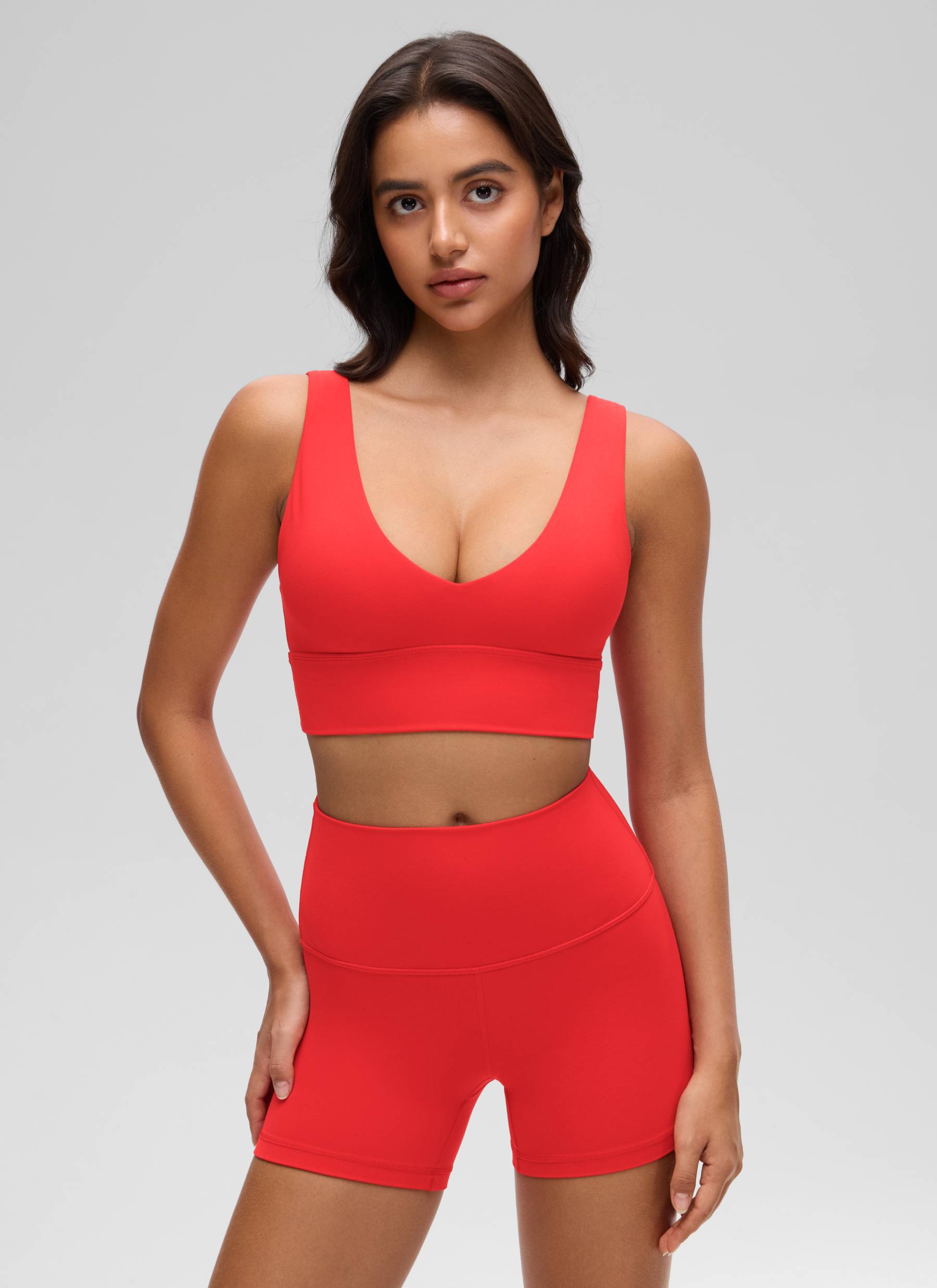 CRZ YOGA Women's Light Support Butterluxe Yoga Bra Longline U back V Neck Deep Red