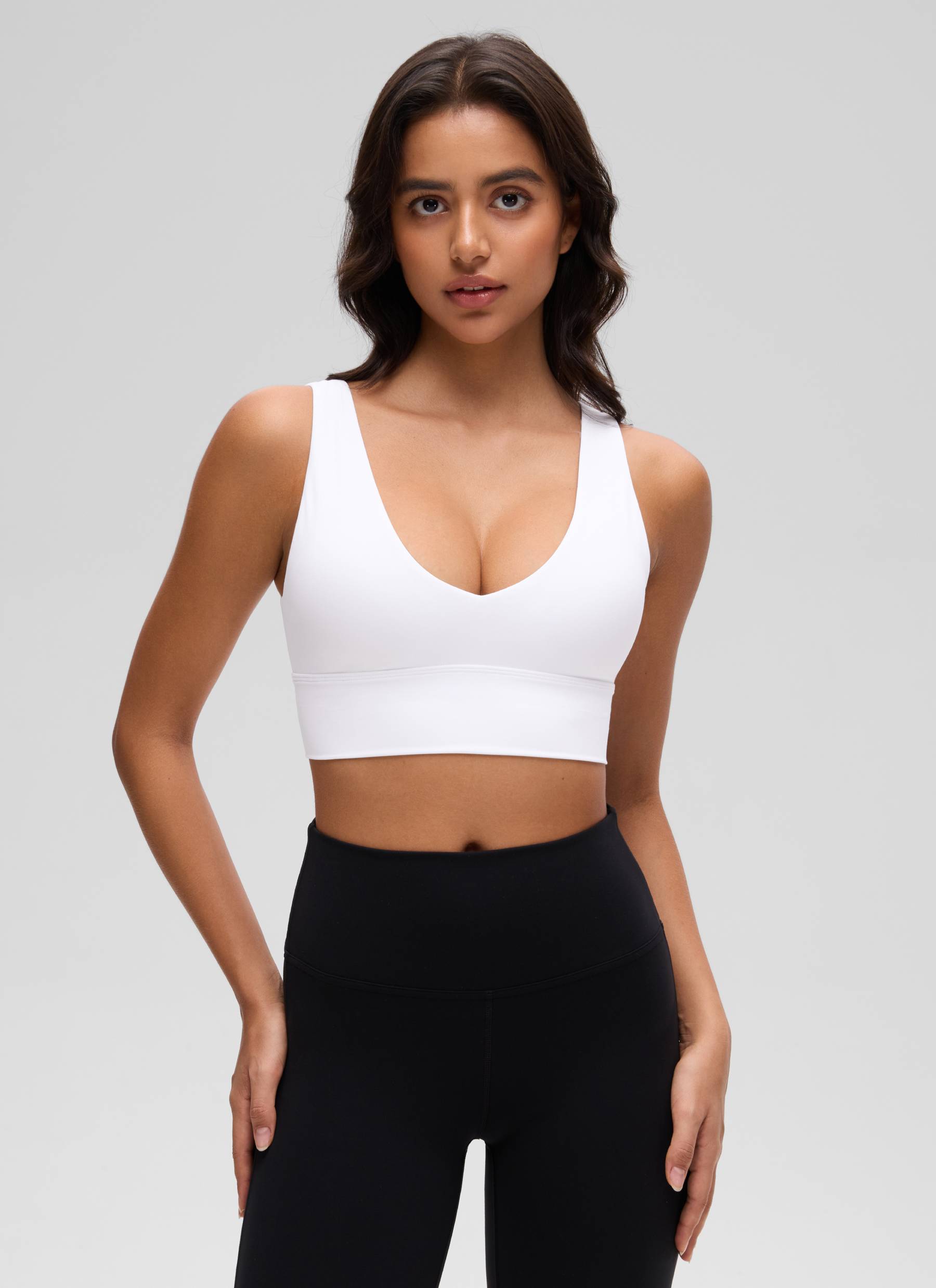CRZ YOGA Women's Light Support Butterluxe Yoga Bra Longline U back V Neck White