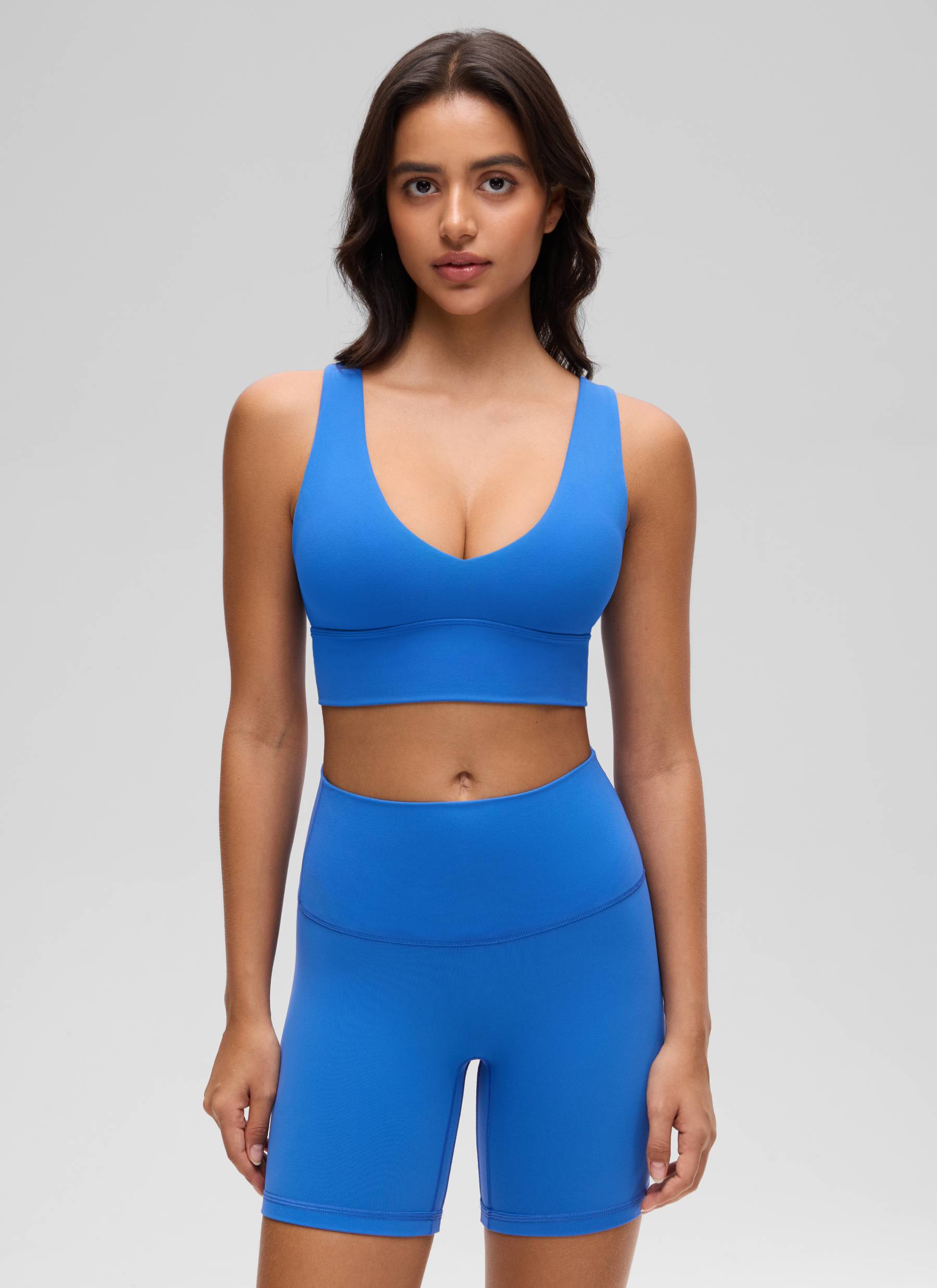 CRZ YOGA Women's Light Support Butterluxe Yoga Bra Longline U back V Neck Sparkle Blue
