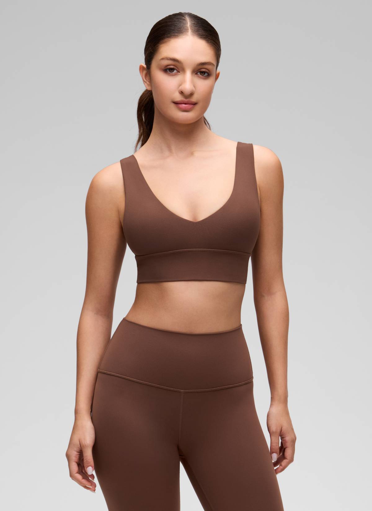 CRZ YOGA Women's Light Support Butterluxe Yoga Bra Longline U back V Neck Coffee Brown
