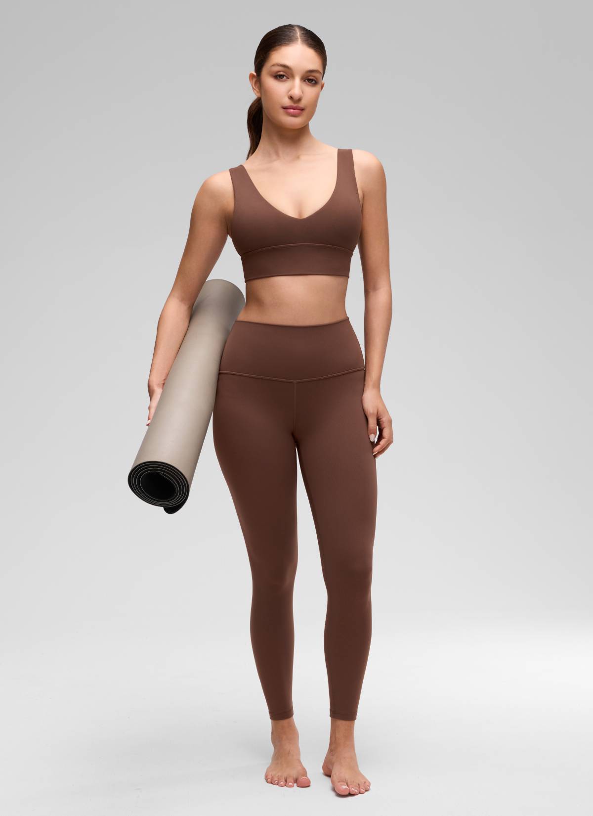 CRZ YOGA Women's Light Support Butterluxe Yoga Bra Longline U back V Neck Coffee Brown
