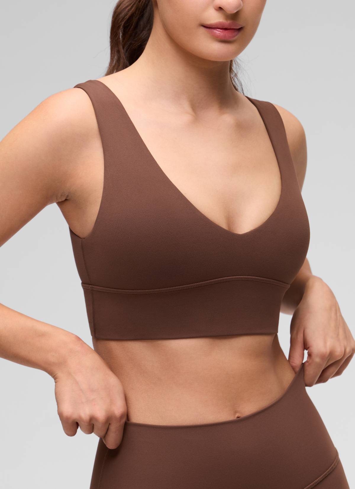 CRZ YOGA Women's Light Support Butterluxe Yoga Bra Longline U back V Neck Coffee Brown