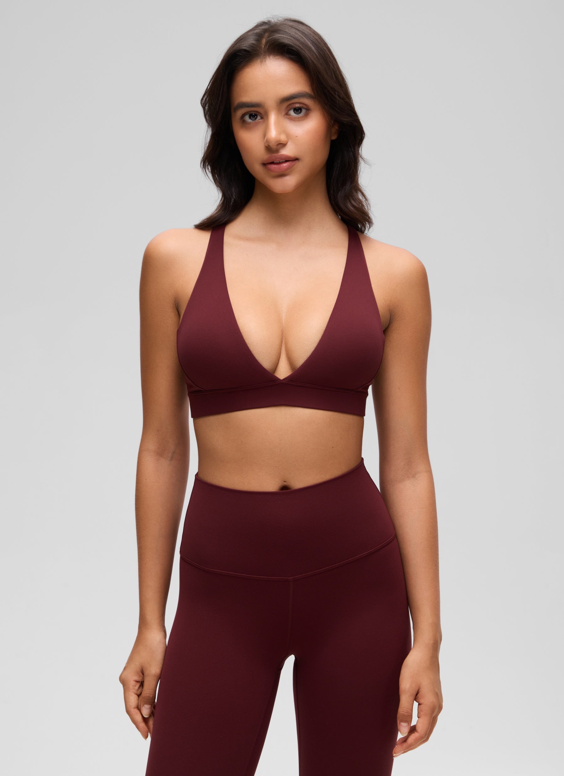 CRZ YOGA Women's Light Support Butterluxe Yoga Bra Strappy back V Neck Red Merlot