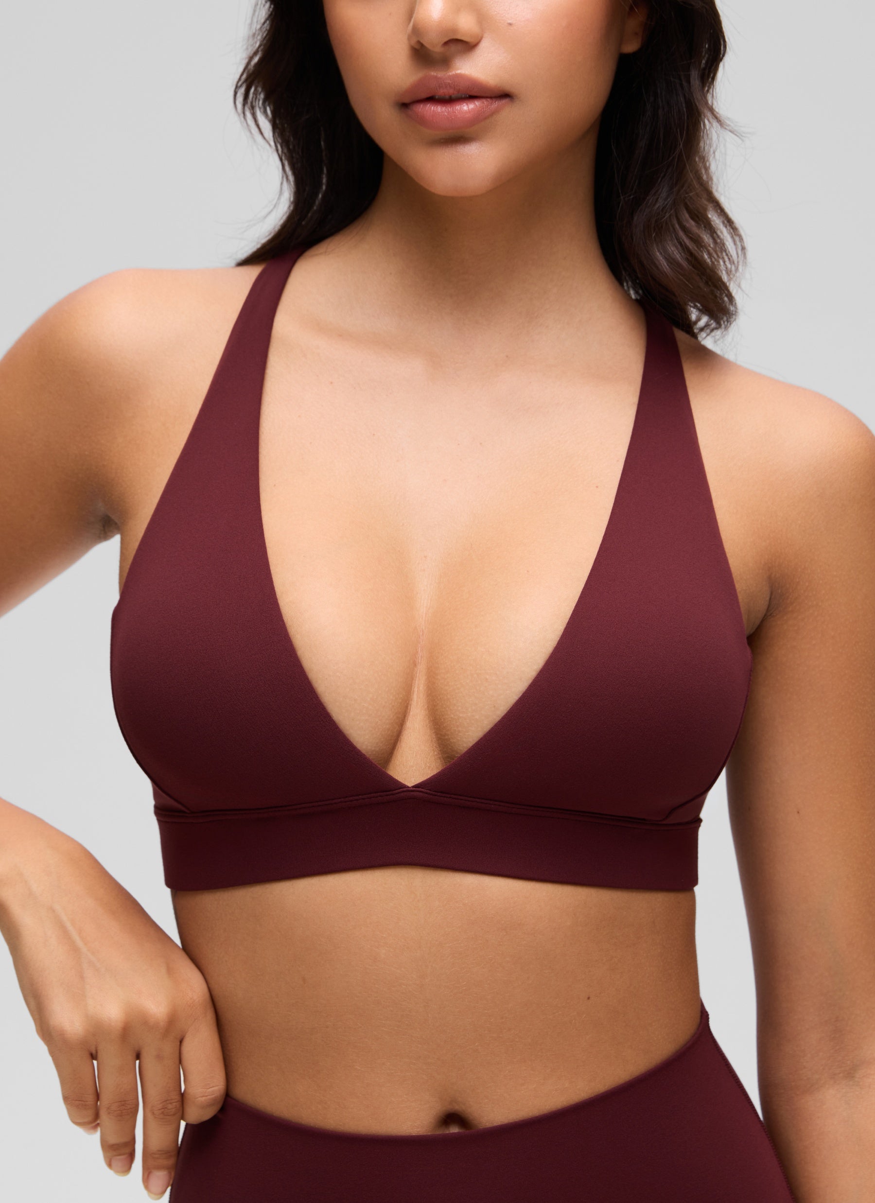 CRZ YOGA Women's Light Support Butterluxe Yoga Bra Strappy back V Neck Red Merlot