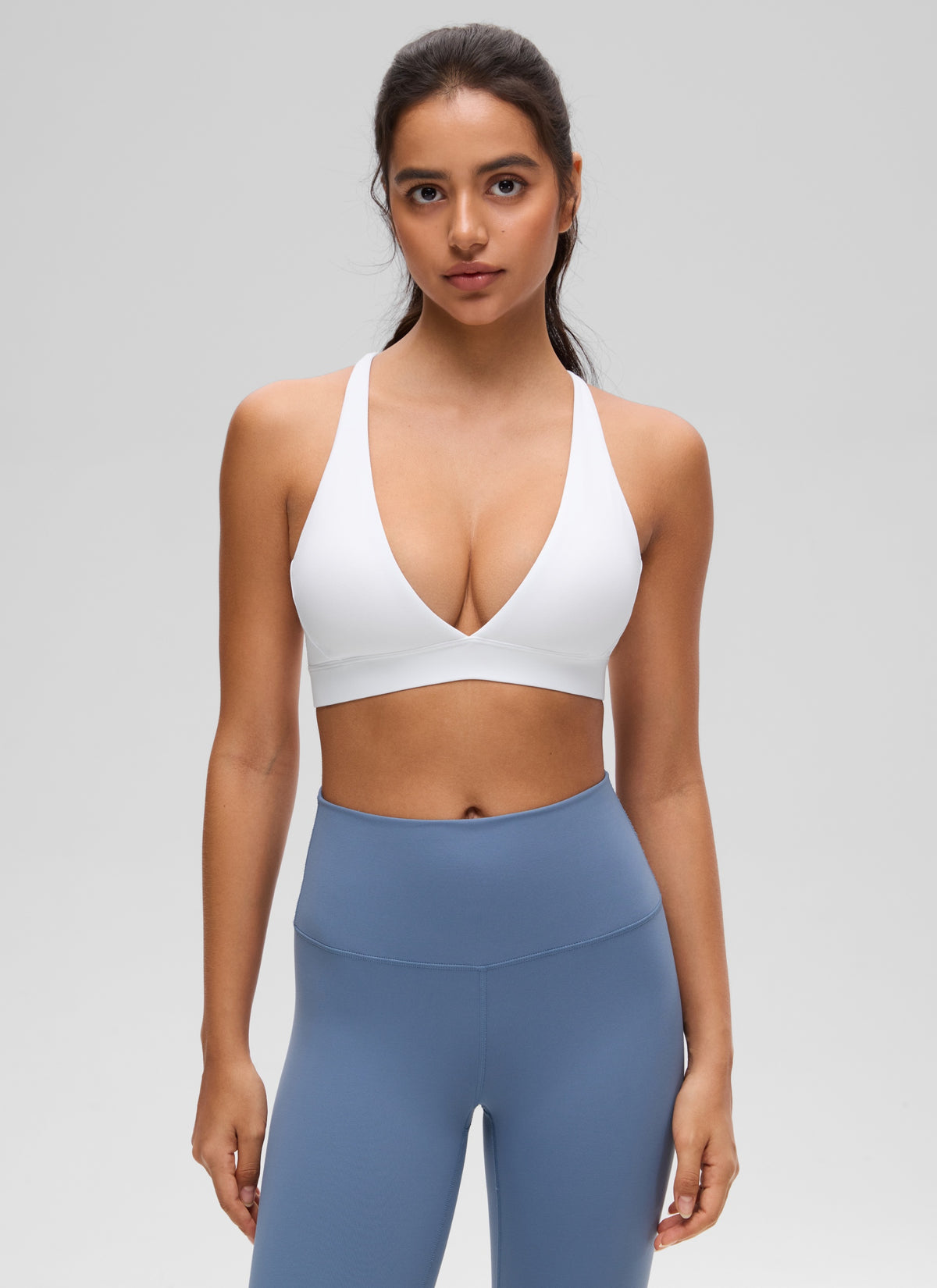 CRZ YOGA Women's Light Support Butterluxe Yoga Bra Strappy back V Neck White @model_info:Liss