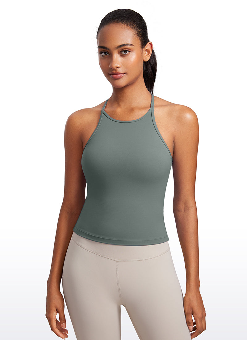 CRZ YOGA Women's Yoga Butterluxe Halter High Neck Padded Tanks Y Back Grey Sage