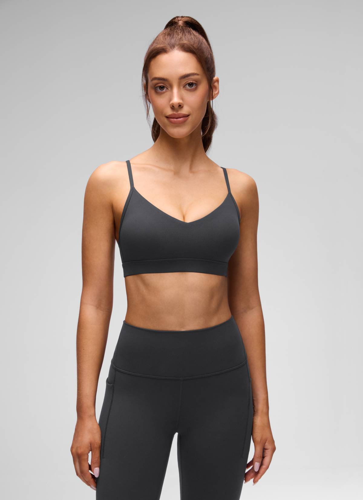 CRZ YOGA Butterluxe Womens V Neck Camisole Yoga Padded Sports Bra Mysterious Grey