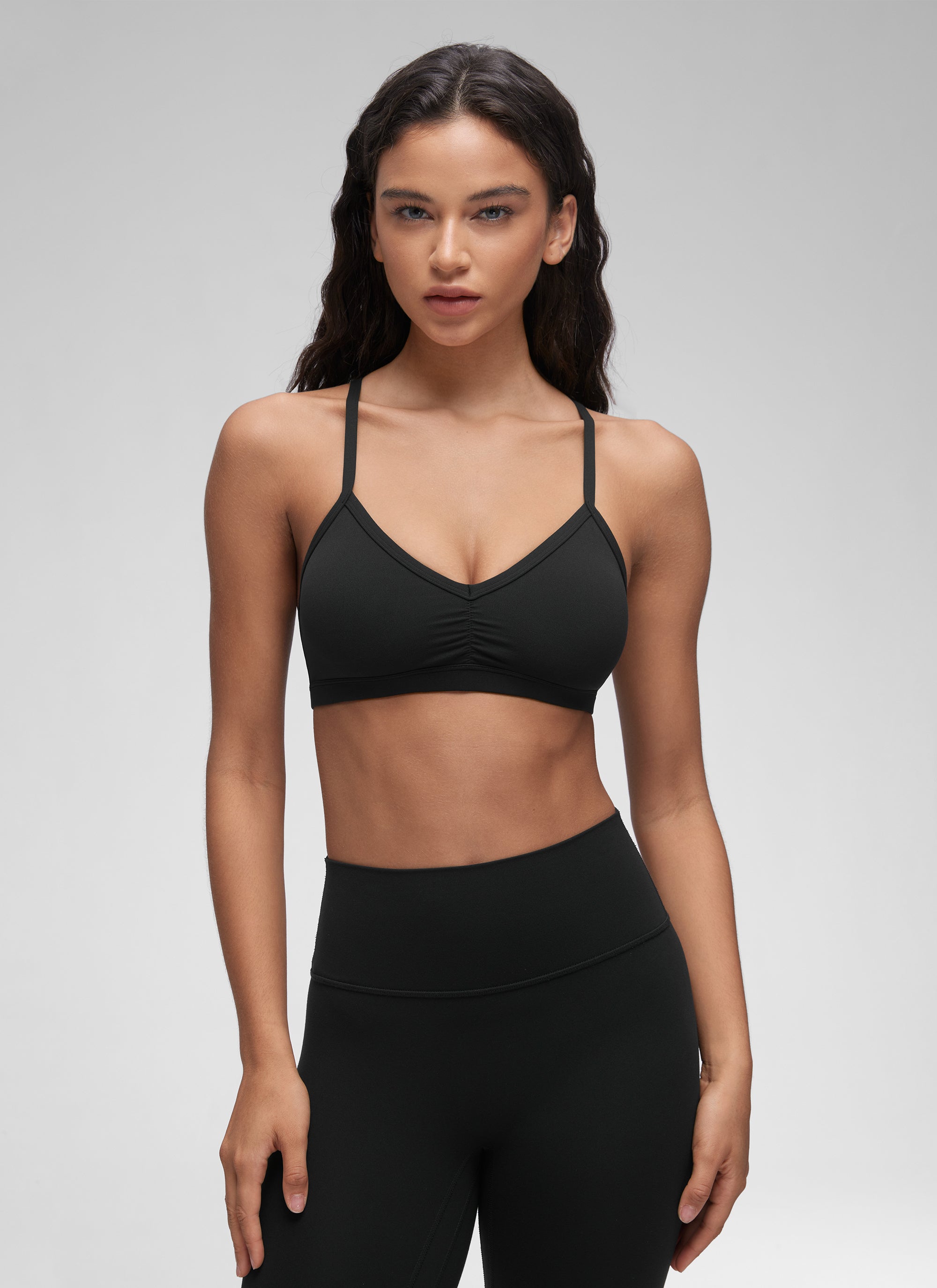CRZ YOGA Butterluxe Womens Ruched V Neck Yoga Padded Sports Bra Black