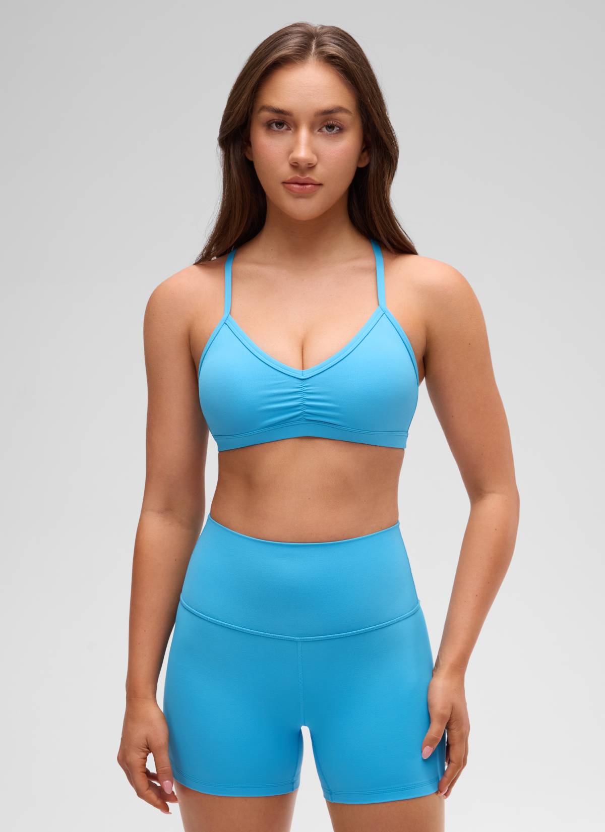 CRZ YOGA Butterluxe Womens Ruched V Neck Yoga Padded Sports Bra Kayak Blue @model_info:Brooklyn