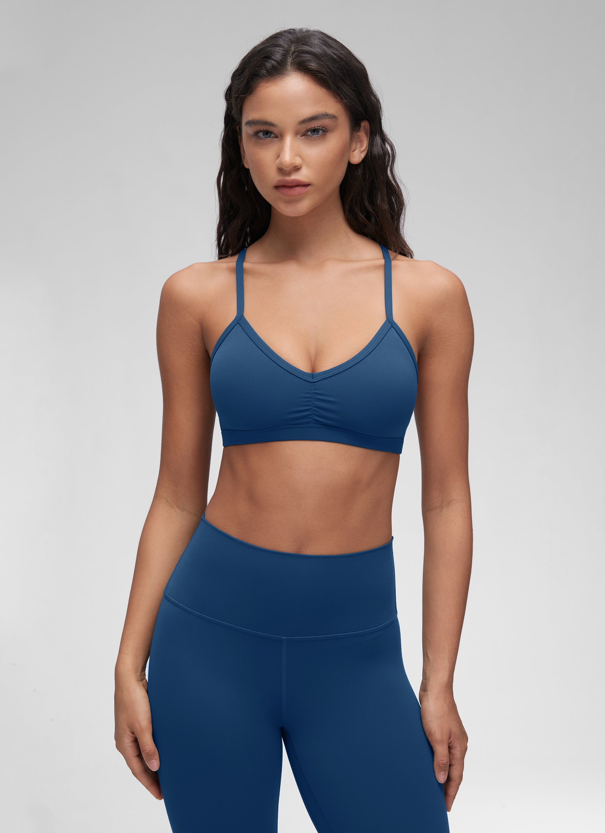 CRZ YOGA Butterluxe Womens Ruched V Neck Yoga Padded Sports Bra French Navy