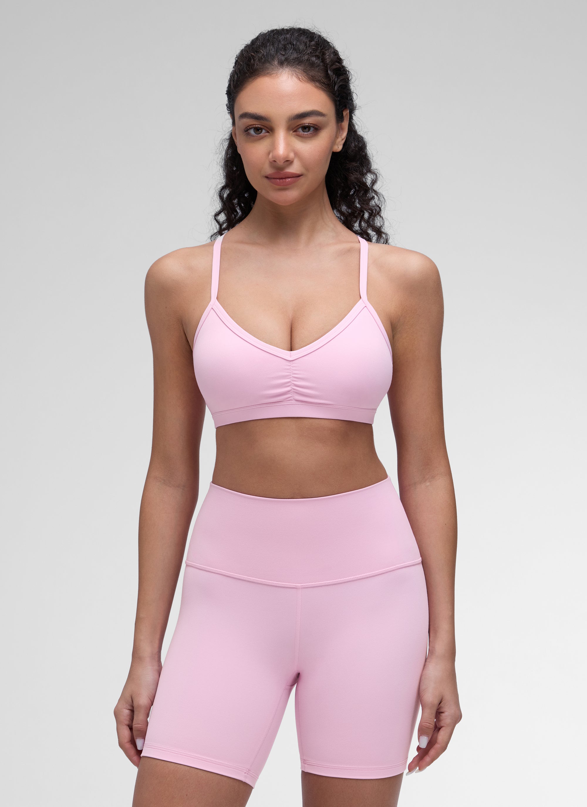 CRZ YOGA Butterluxe Womens Ruched V Neck Yoga Padded Sports Bra Vita Pink @model_info:Anano