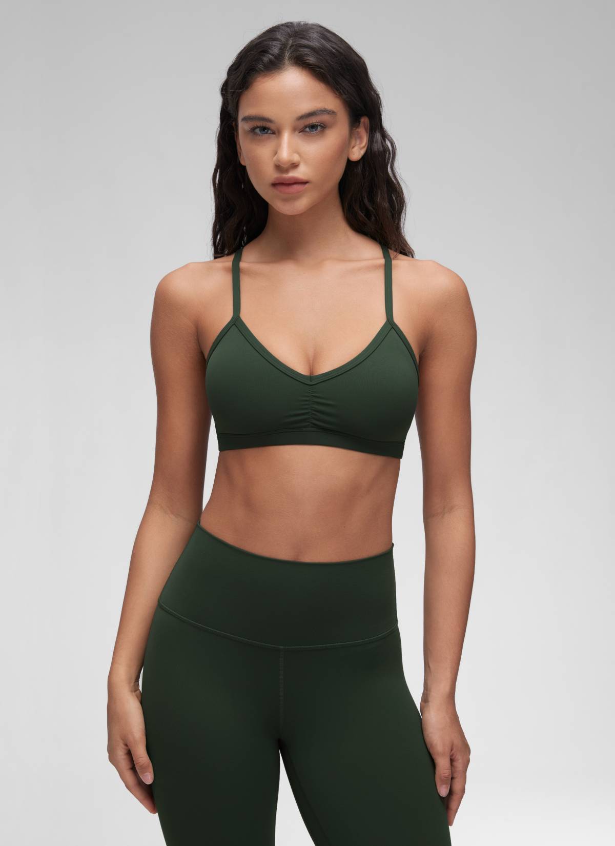 CRZ YOGA Butterluxe Womens Ruched V Neck Yoga Padded Sports Bra Legend Green @model_info:Winma