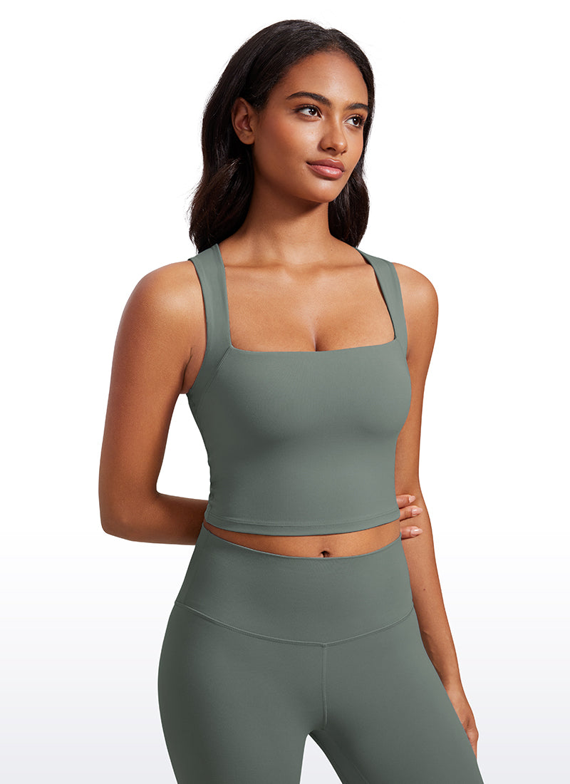 CRZ YOGA Butterluxe Women Longline Square Neck Sport Built in Bra Tank Grey Sage
