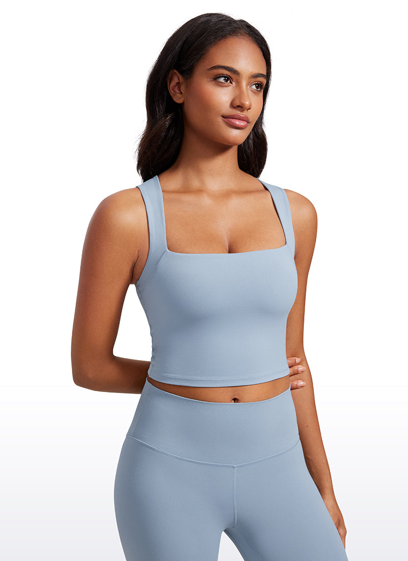 CRZ YOGA Butterluxe Women Longline Square Neck Sport Built in Bra Tank Cambric Blue