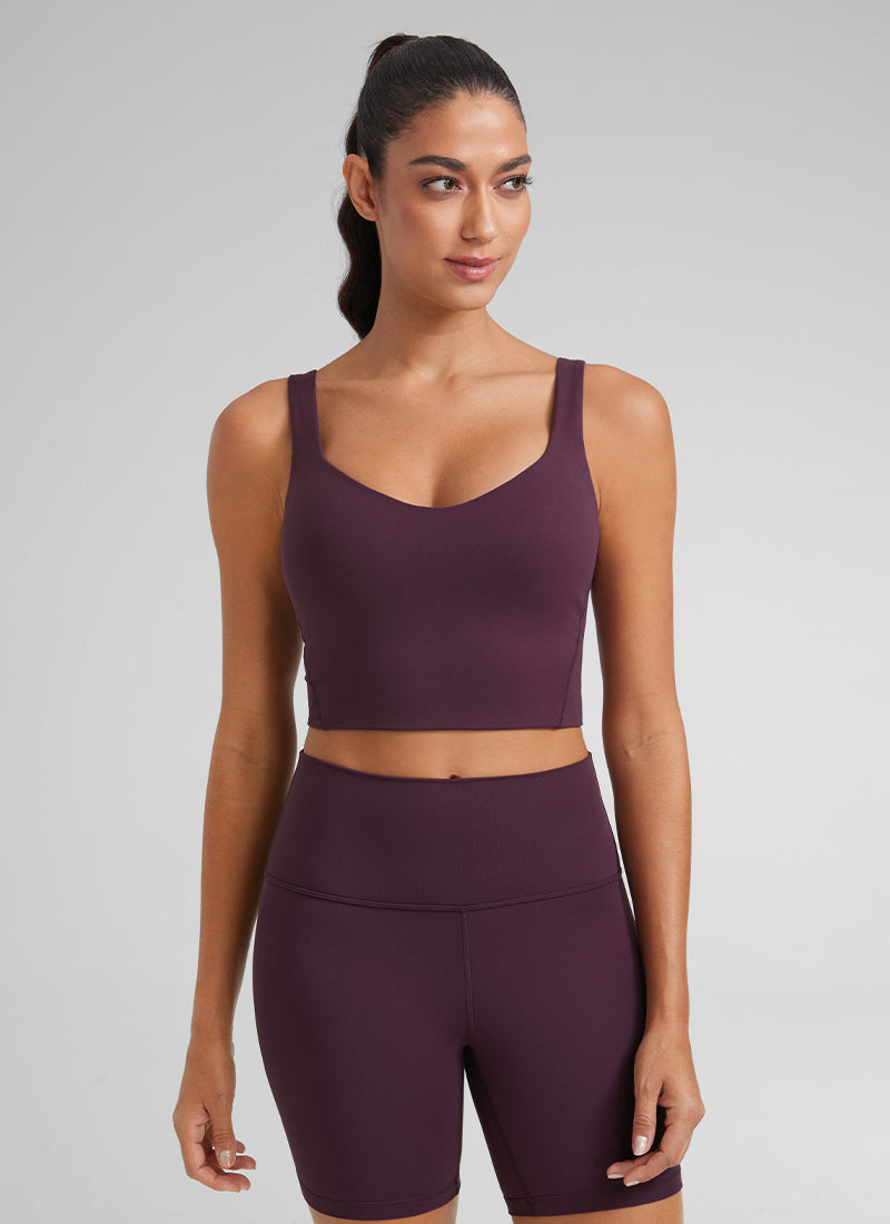 CRZ YOGA Women's Yoga Molded Cup Butterluxe Longline Bra V Neck Deep Purple