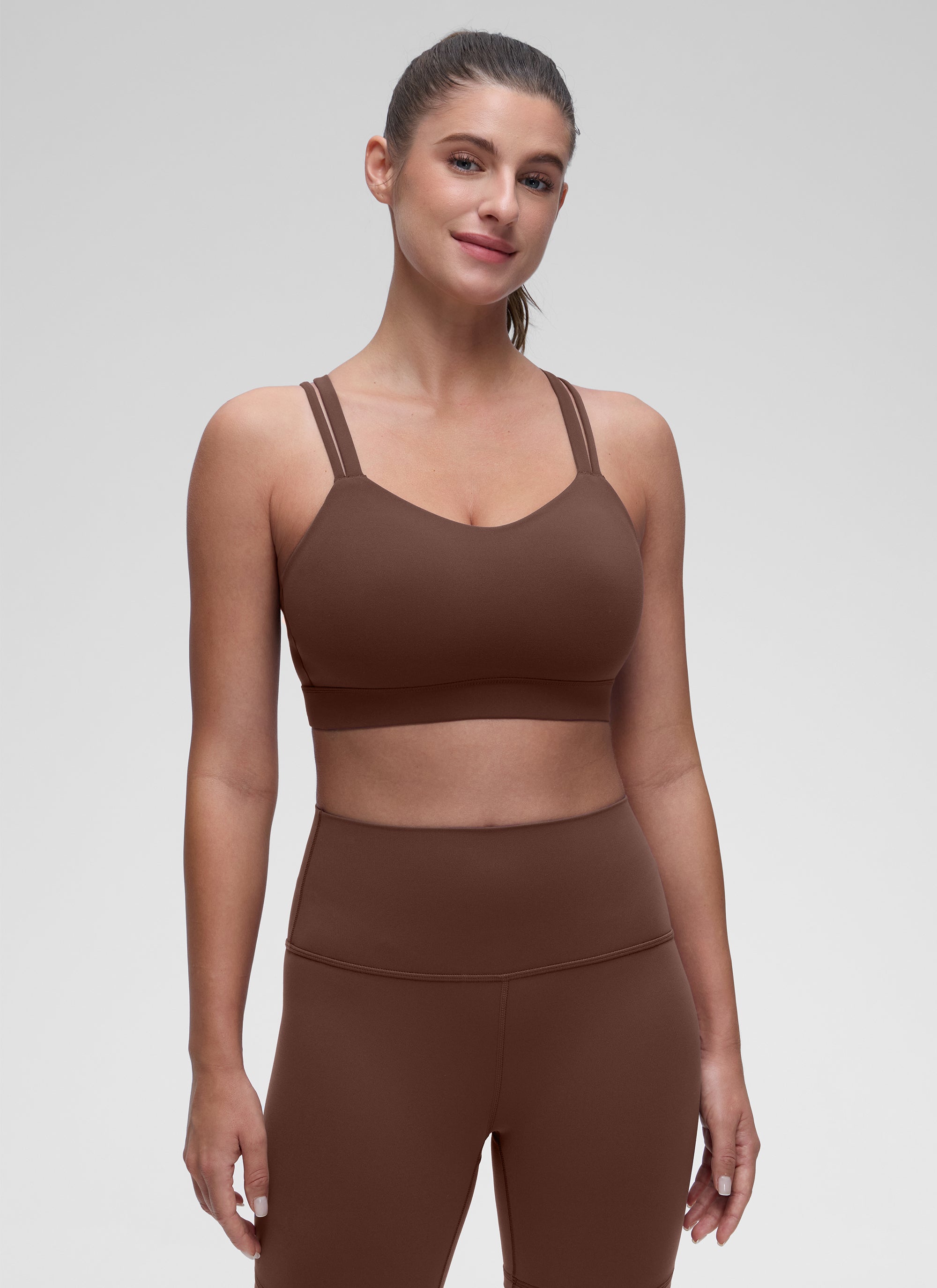 CRZ YOGA Women's Yoga Light Support Double Strap Mold Sport Bra Coffee Brown @model_info:Marina