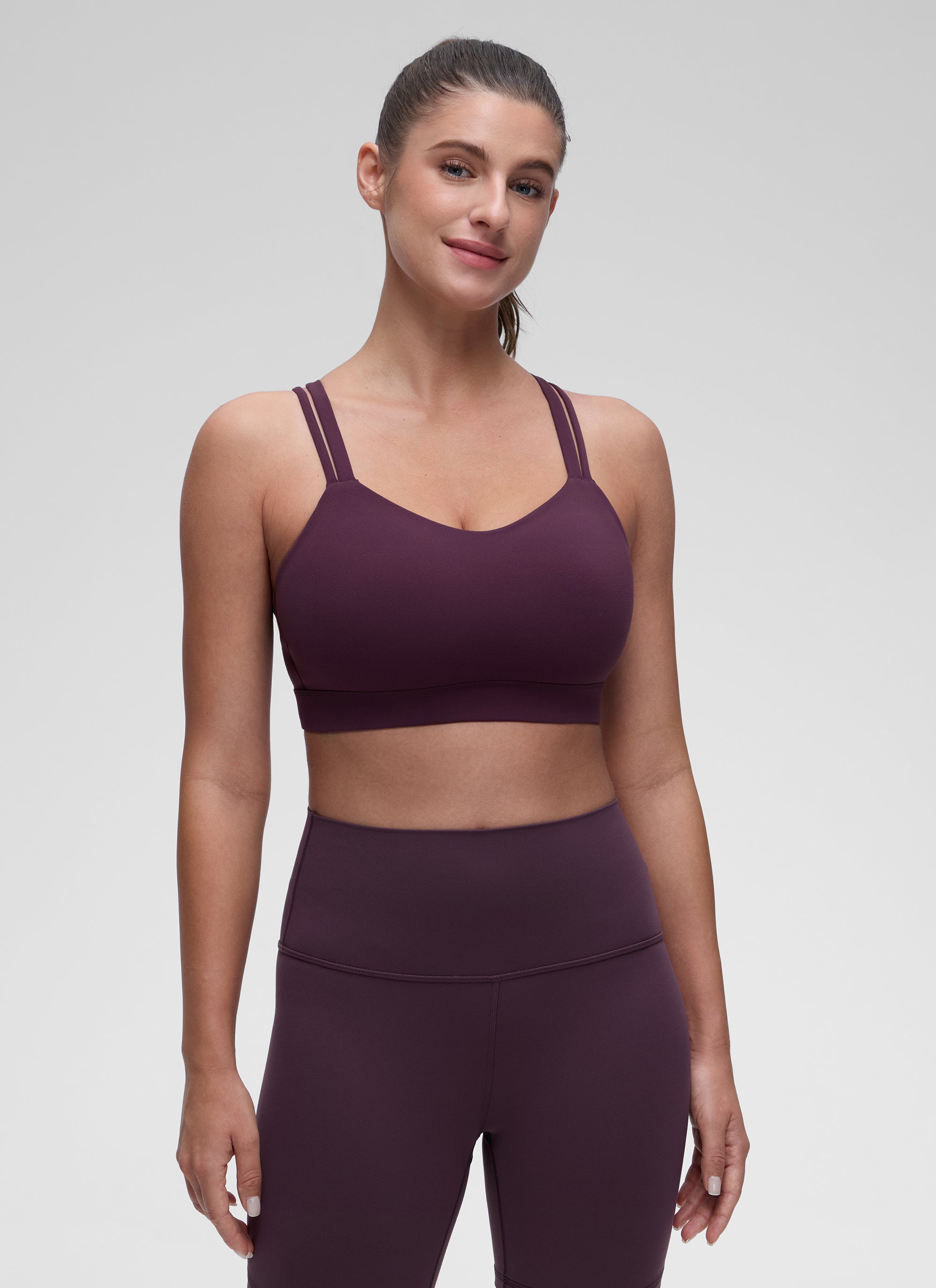 CRZ YOGA Women's Yoga Light Support Double Strap Mold Sport Bra Deep Purple @model_info:Marina