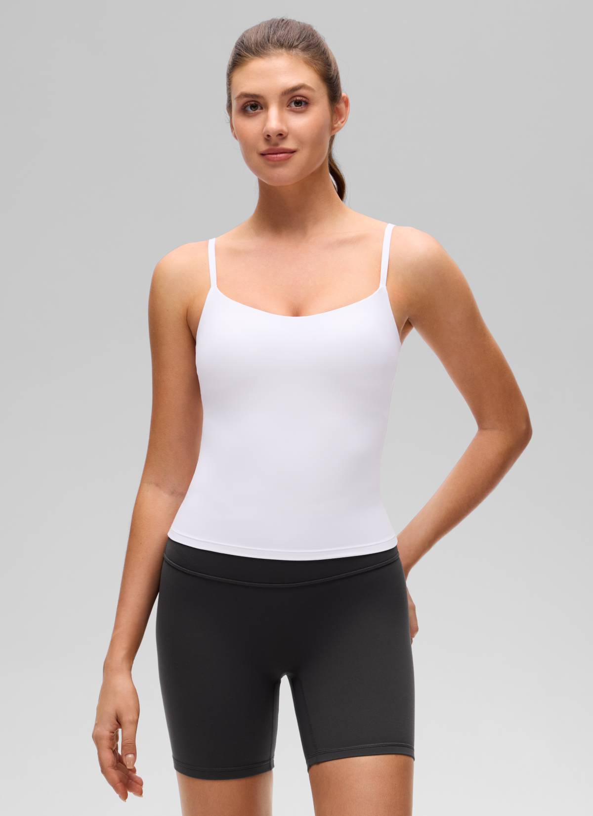 CRZ YOGA Women's Butterluxe Yoga U Back Waist Length Built in Bra Tank White @model_info:Gelya