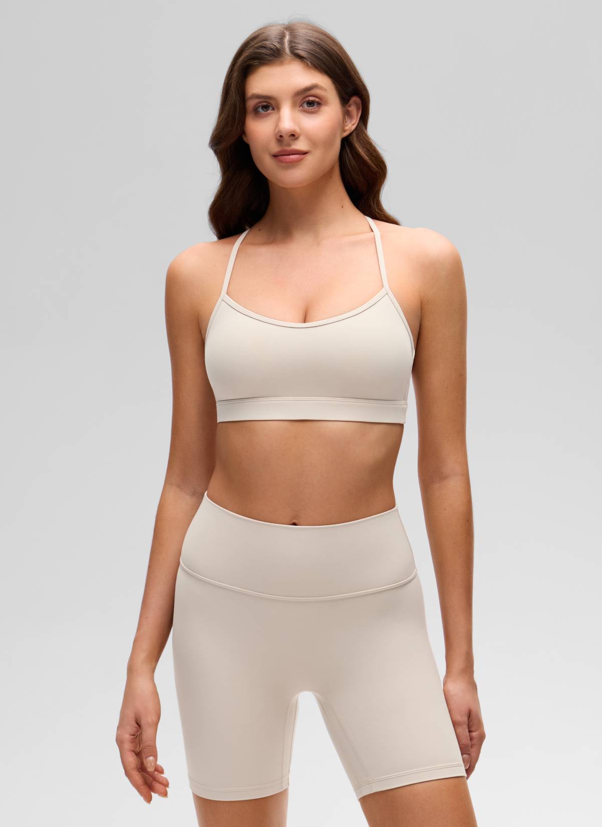 CRZ YOGA Women's Butterluxe Yoga Scoop Neck Cross Back Sports Bra Mojave Tan