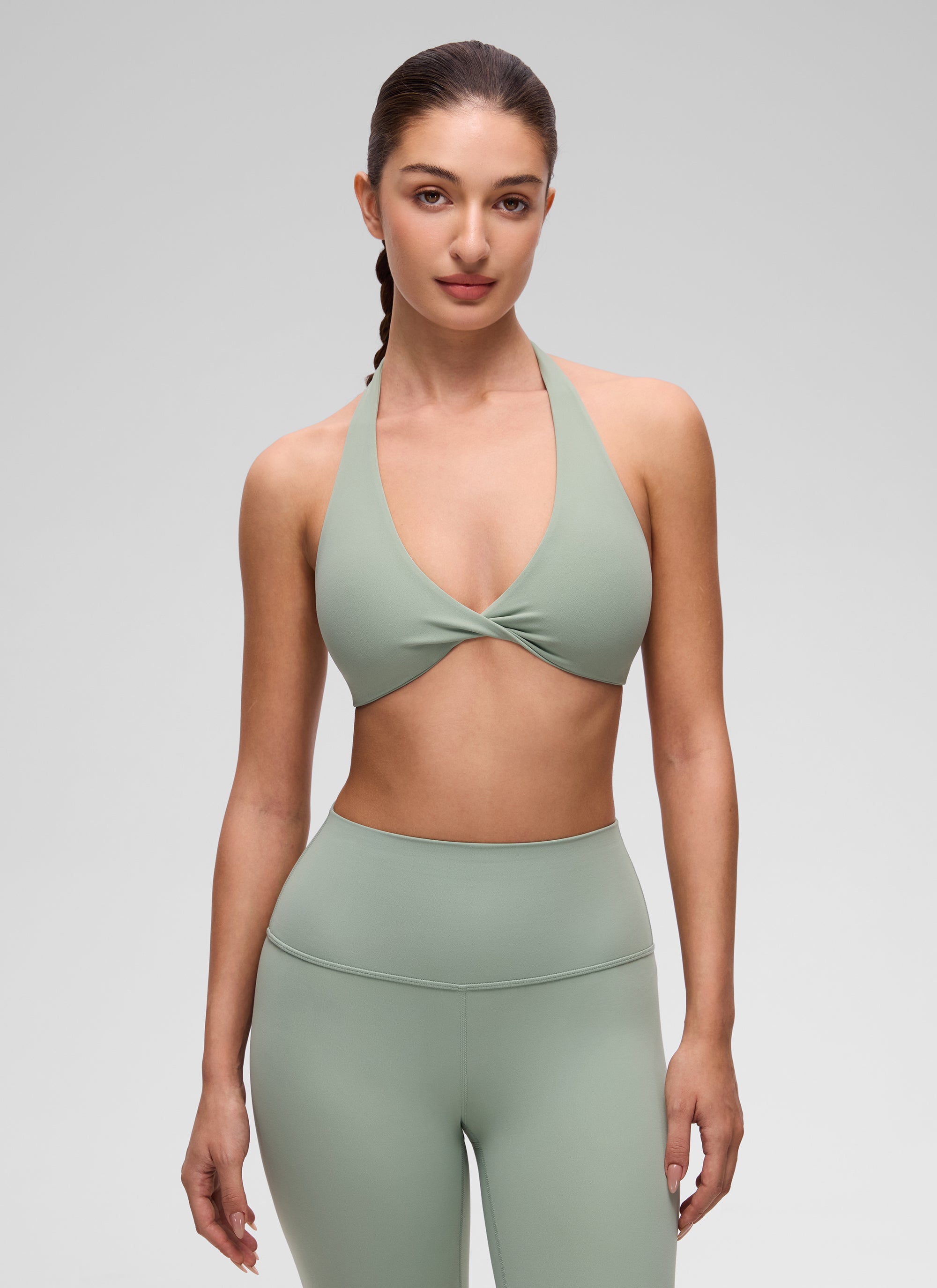 CRZ YOGA Women's Butterluxe Yoga V Neck Crop Double Lined Sports Bra Green Palm Court @model_info:Inga