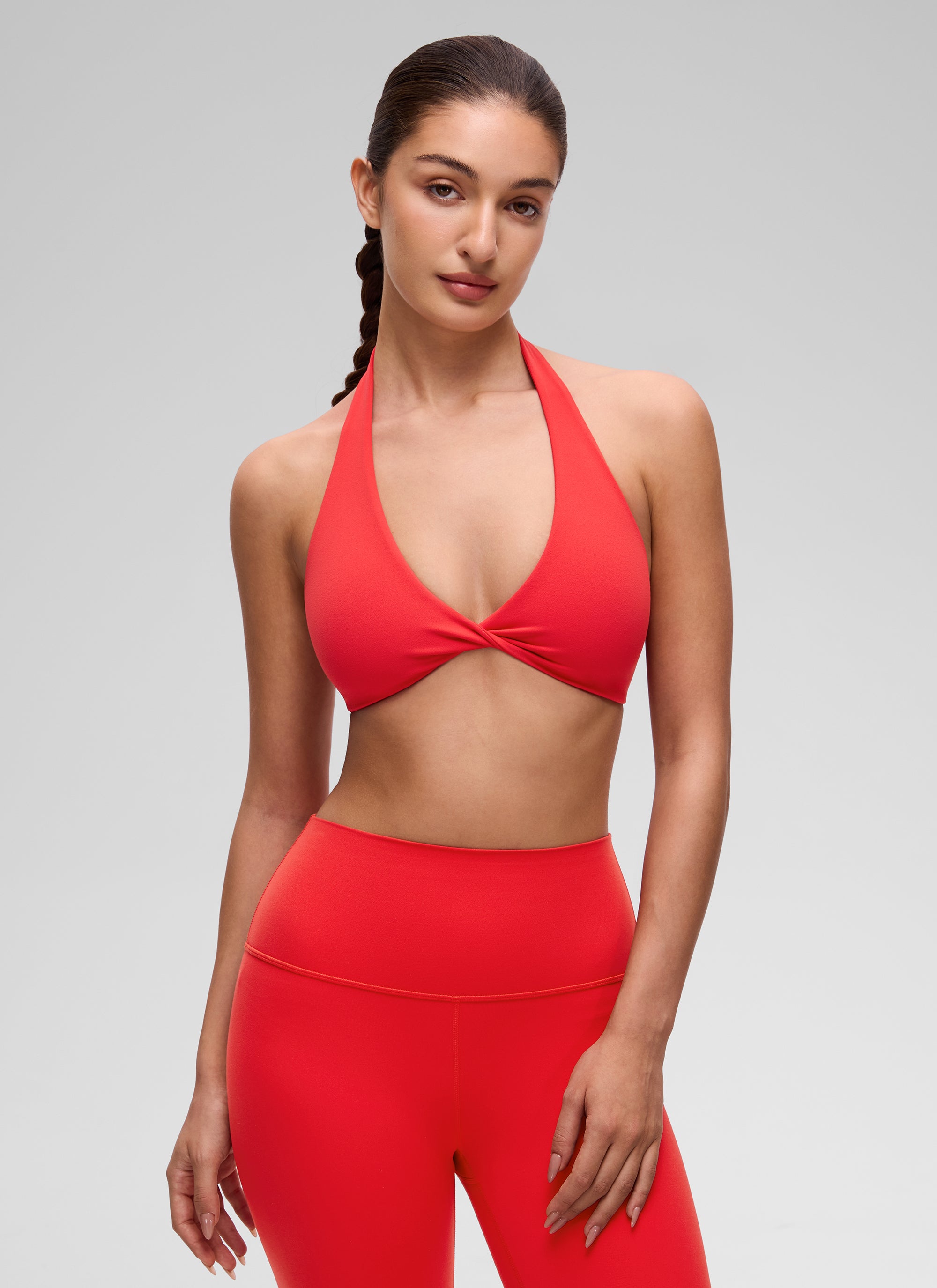 CRZ YOGA Women's Butterluxe Yoga V Neck Crop Double Lined Sports Bra Deep Red