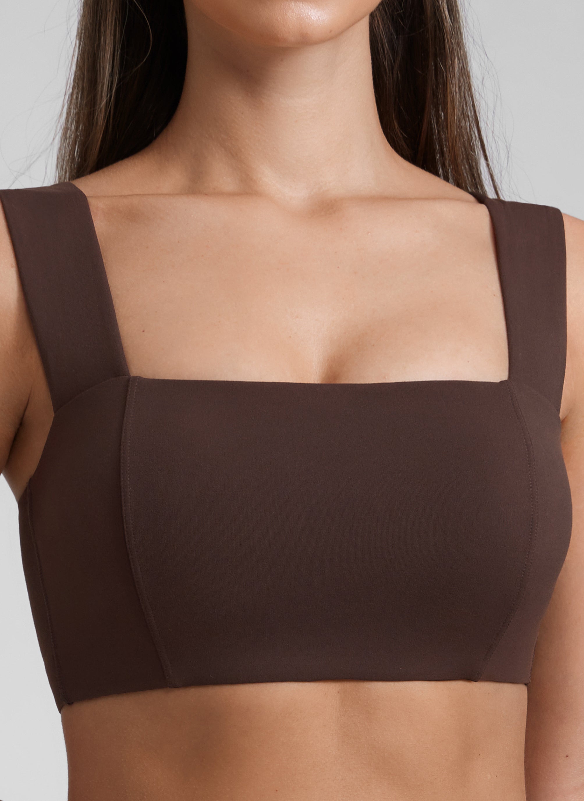 CRZ YOGA Butterluxe Womens Square Neck Open Back Wide straps Sports Bras Hot Fudge Brown @model_info:Kate