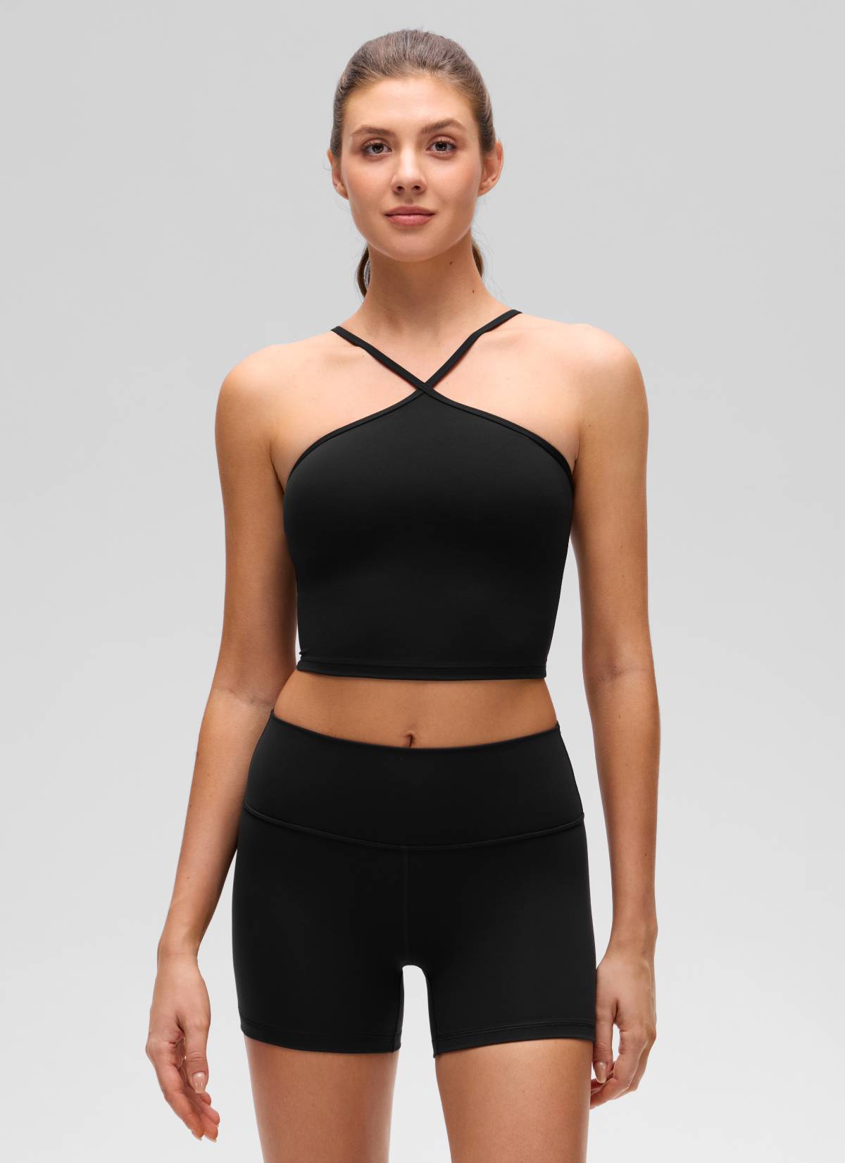 CRZ YOGA Women's Butterluxe Yoga Cross Halter Crop Built in Bra Tank Black