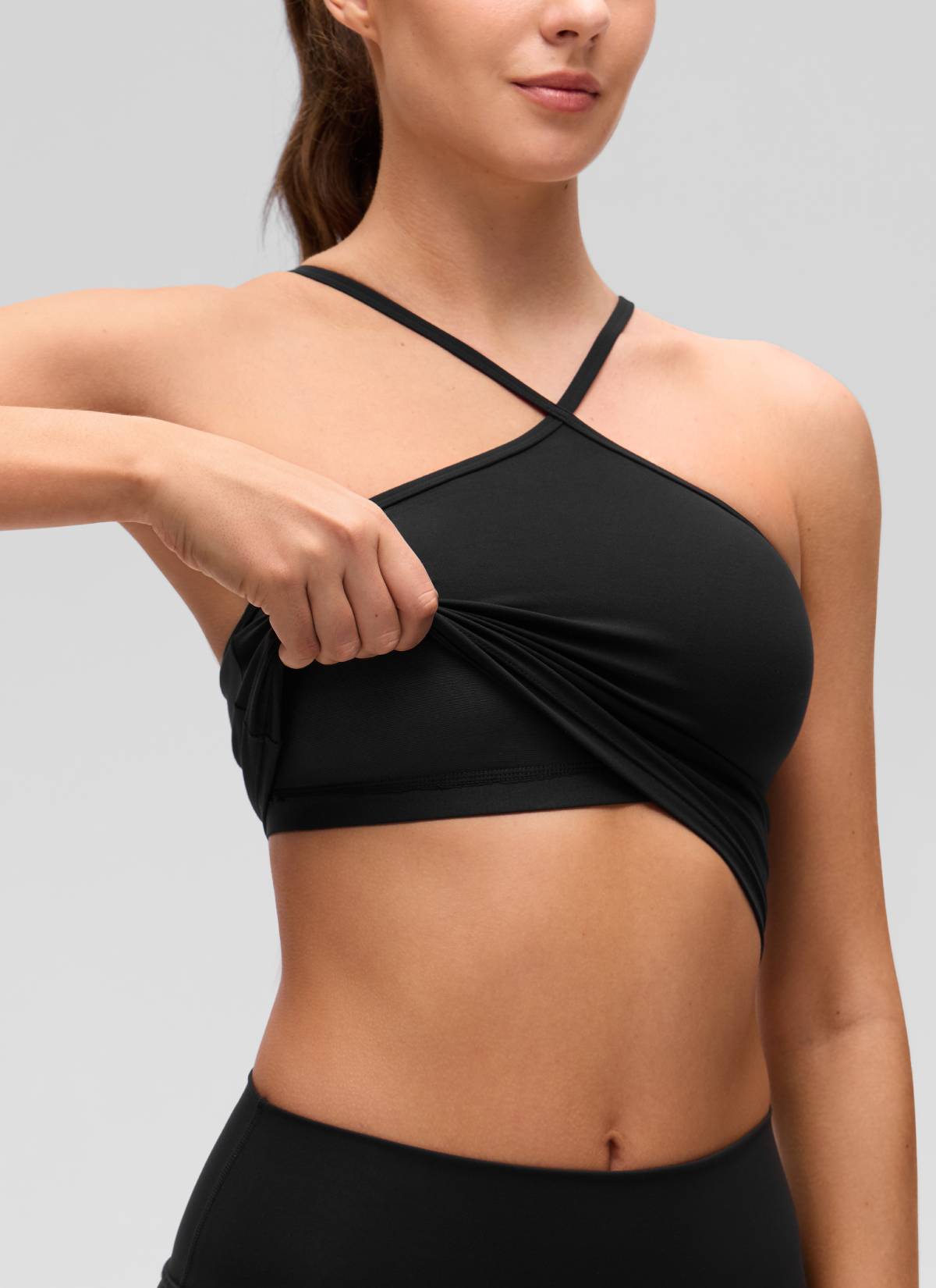 CRZ YOGA Women's Butterluxe Yoga Cross Halter Crop Built in Bra Tank Black
