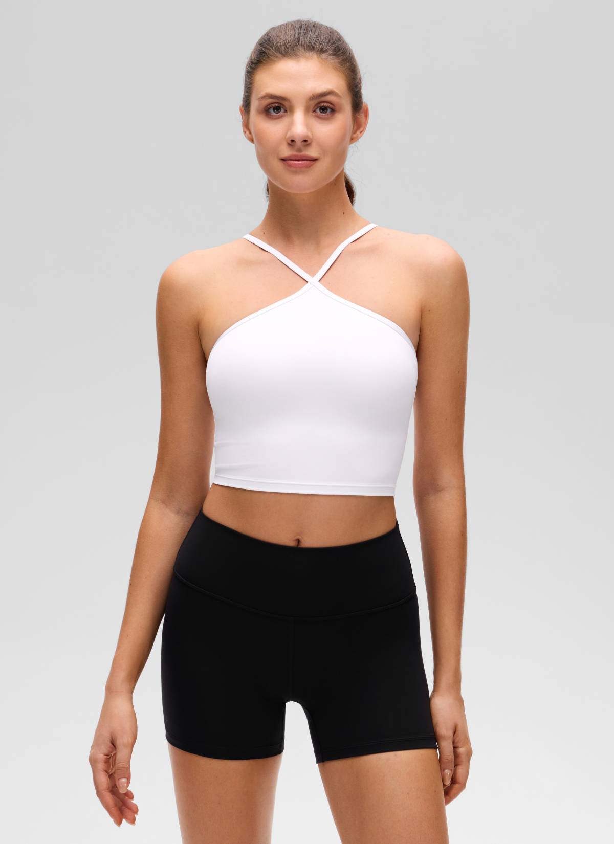 CRZ YOGA Women's Butterluxe Yoga Cross Halter Crop Built in Bra Tank White