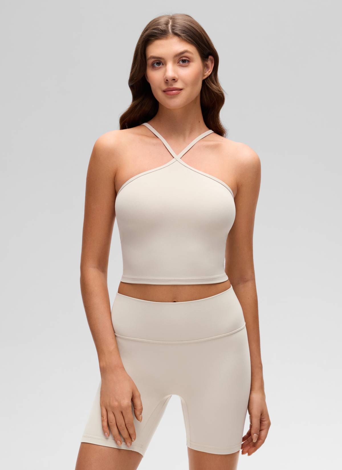 CRZ YOGA Women's Butterluxe Yoga Cross Halter Crop Built in Bra Tank Mojave Tan