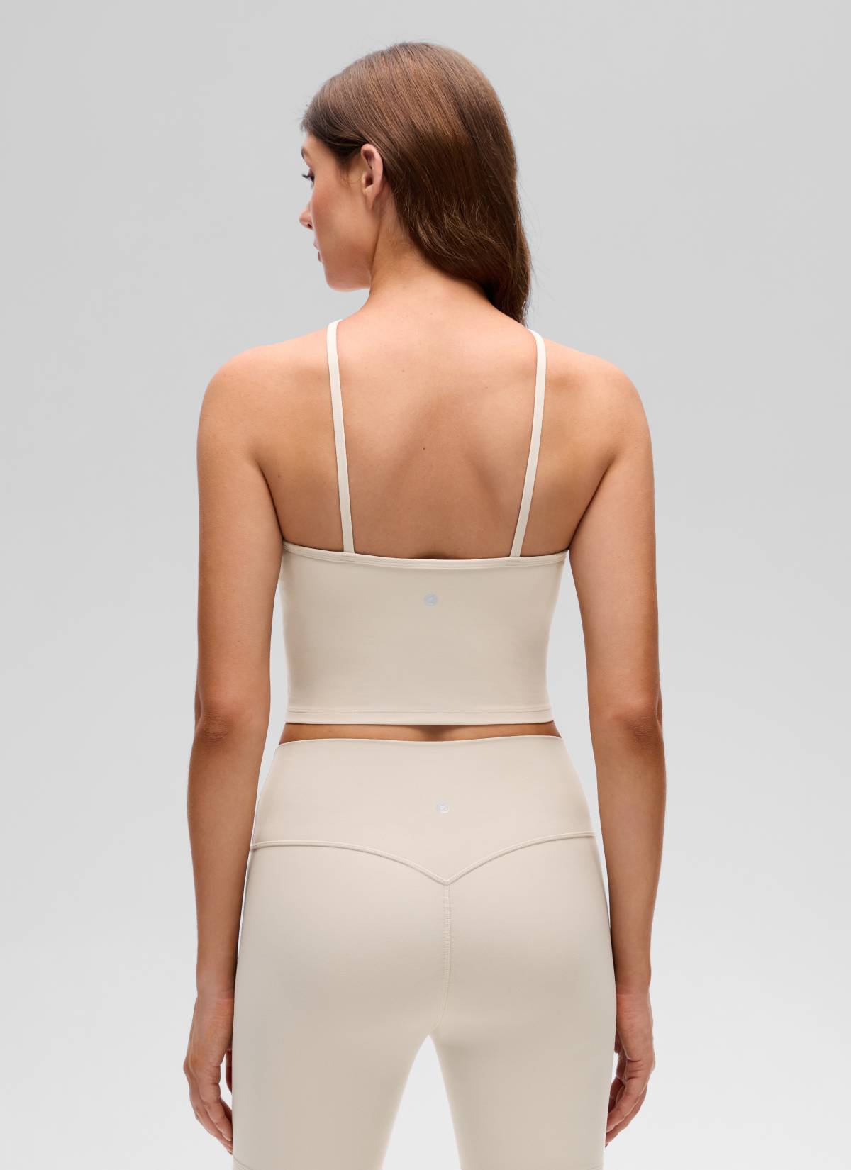CRZ YOGA Women's Butterluxe Yoga Cross Halter Crop Built in Bra Tank Mojave Tan