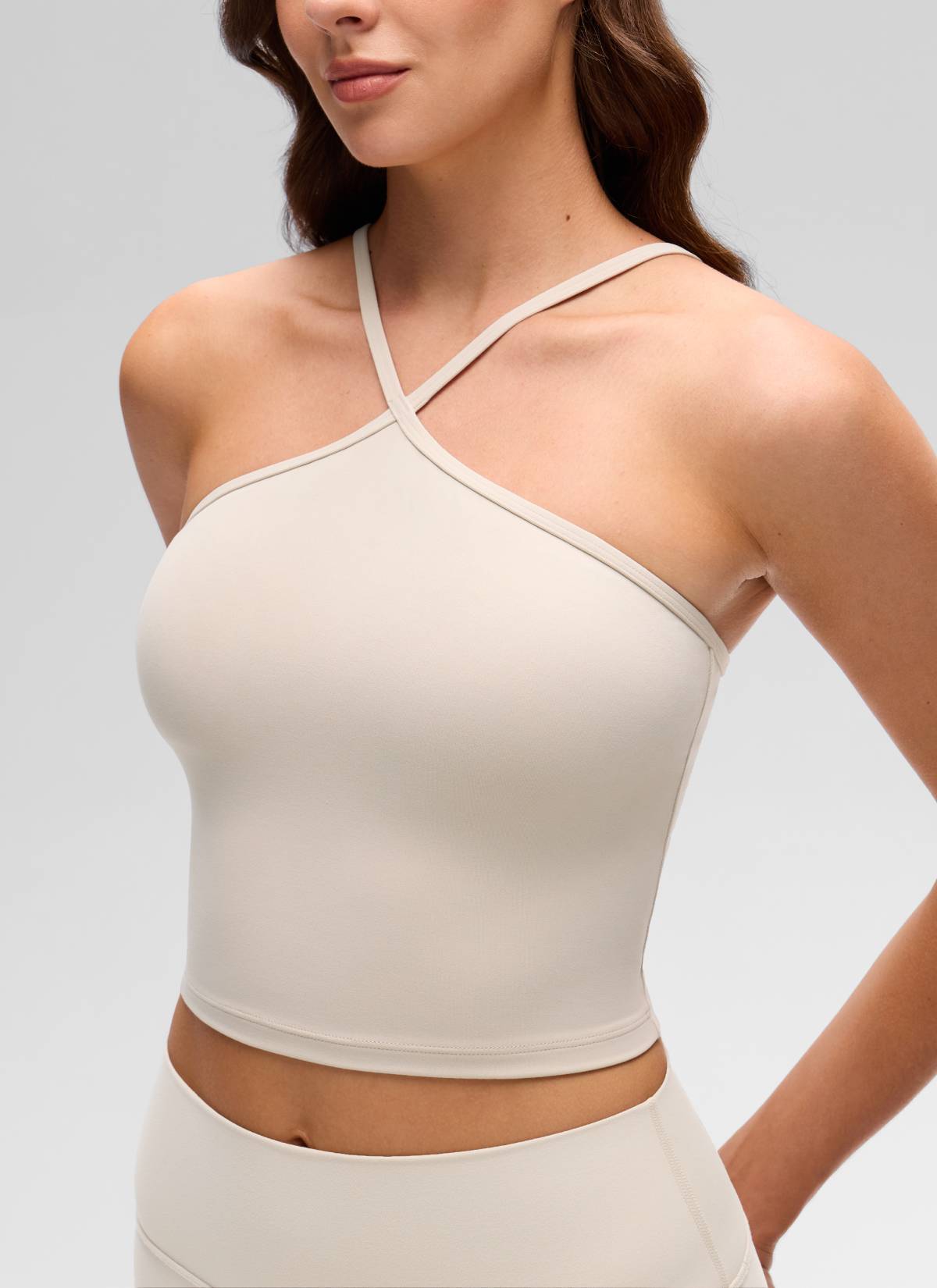 CRZ YOGA Women's Butterluxe Yoga Cross Halter Crop Built in Bra Tank Mojave Tan