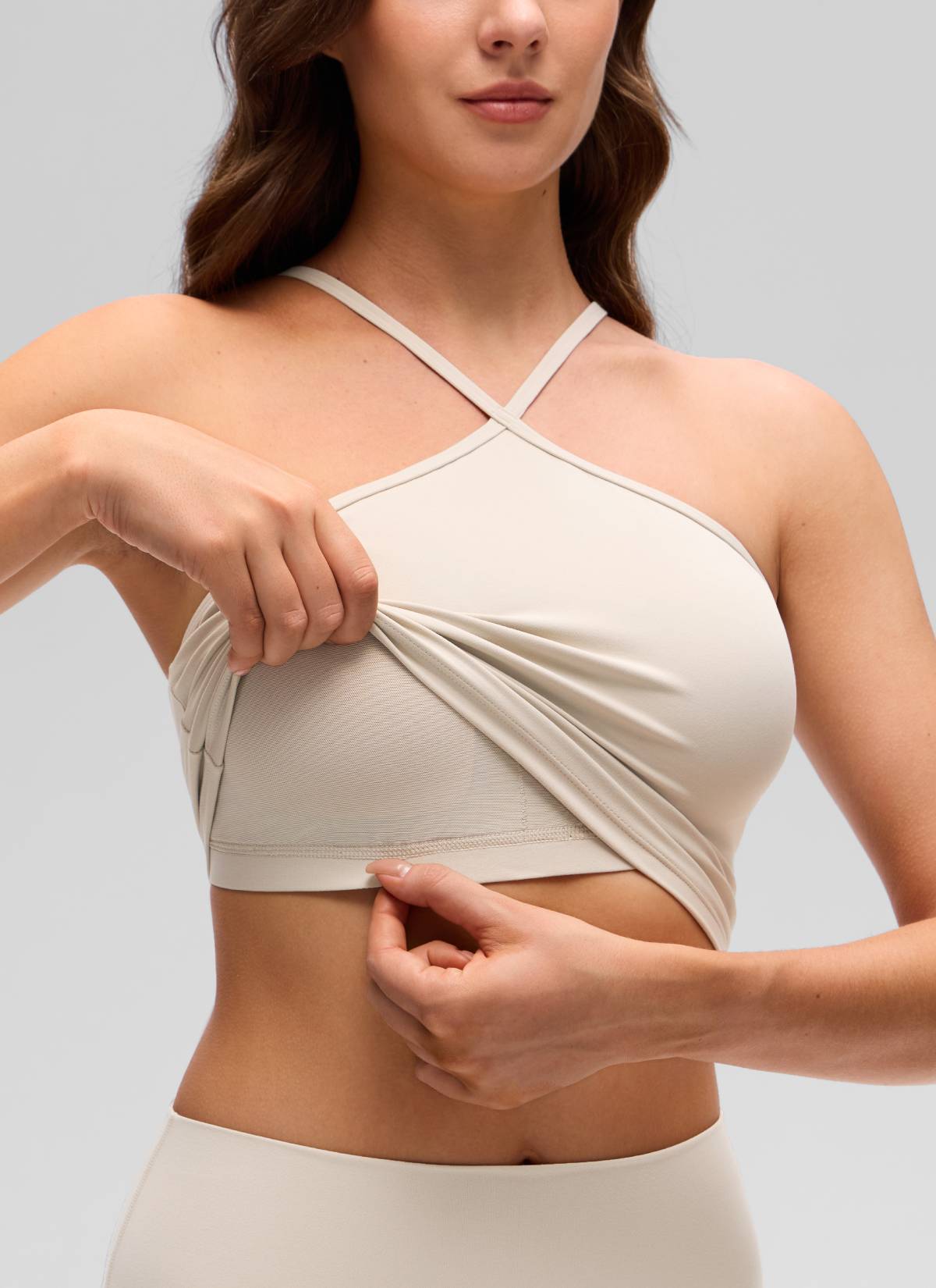 CRZ YOGA Women's Butterluxe Yoga Cross Halter Crop Built in Bra Tank Mojave Tan