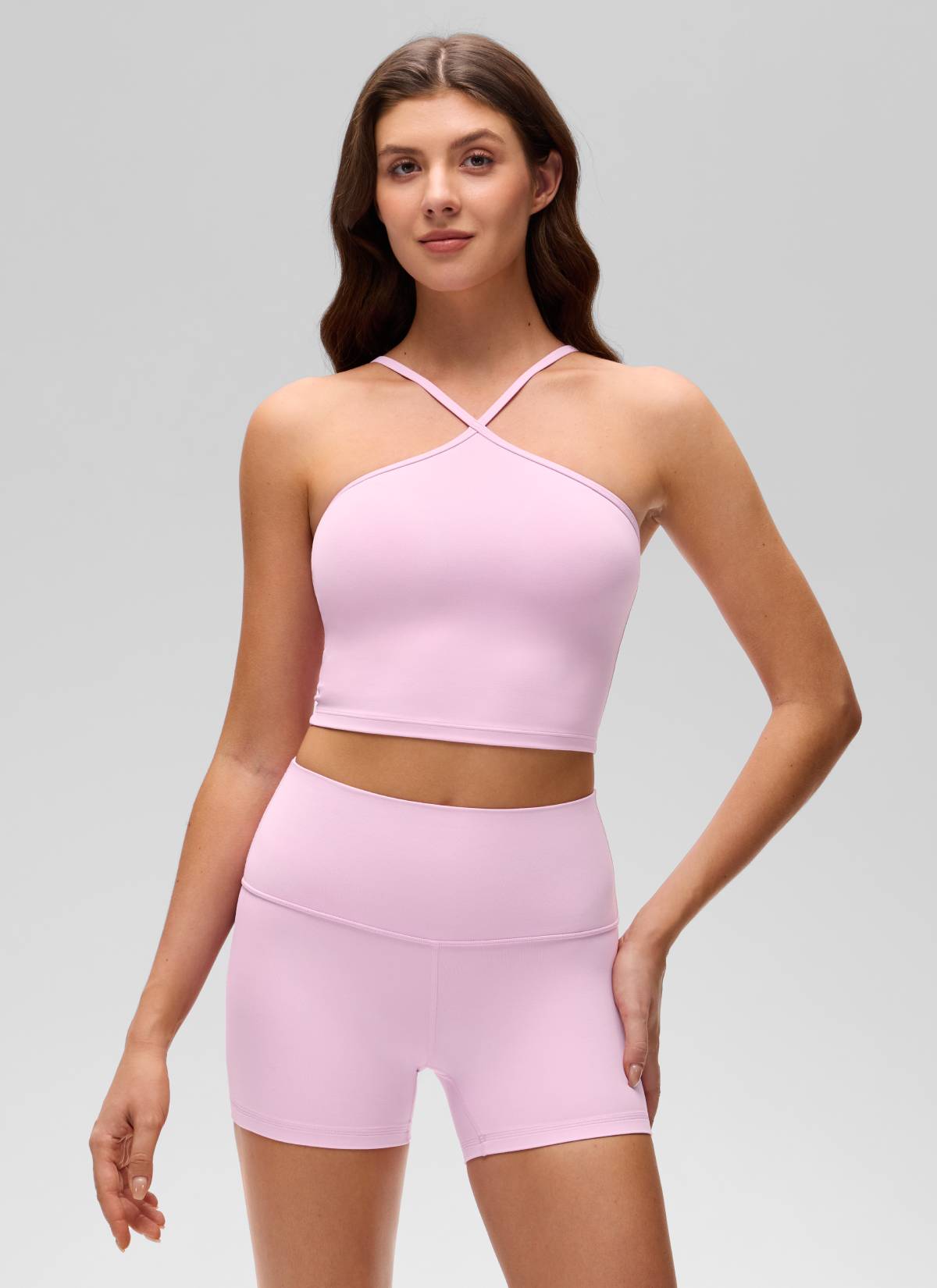 CRZ YOGA Women's Butterluxe Yoga Cross Halter Crop Built in Bra Tank Vita Pink