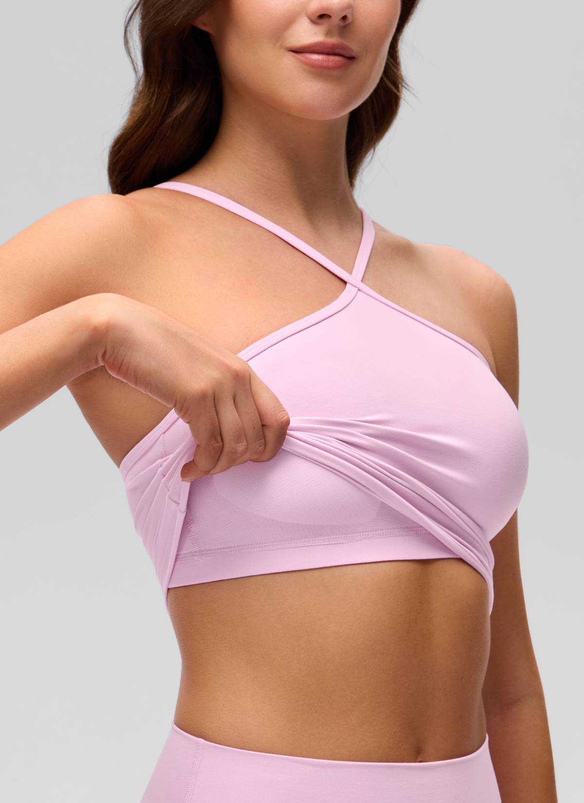 CRZ YOGA Women's Butterluxe Yoga Cross Halter Crop Built in Bra Tank Vita Pink