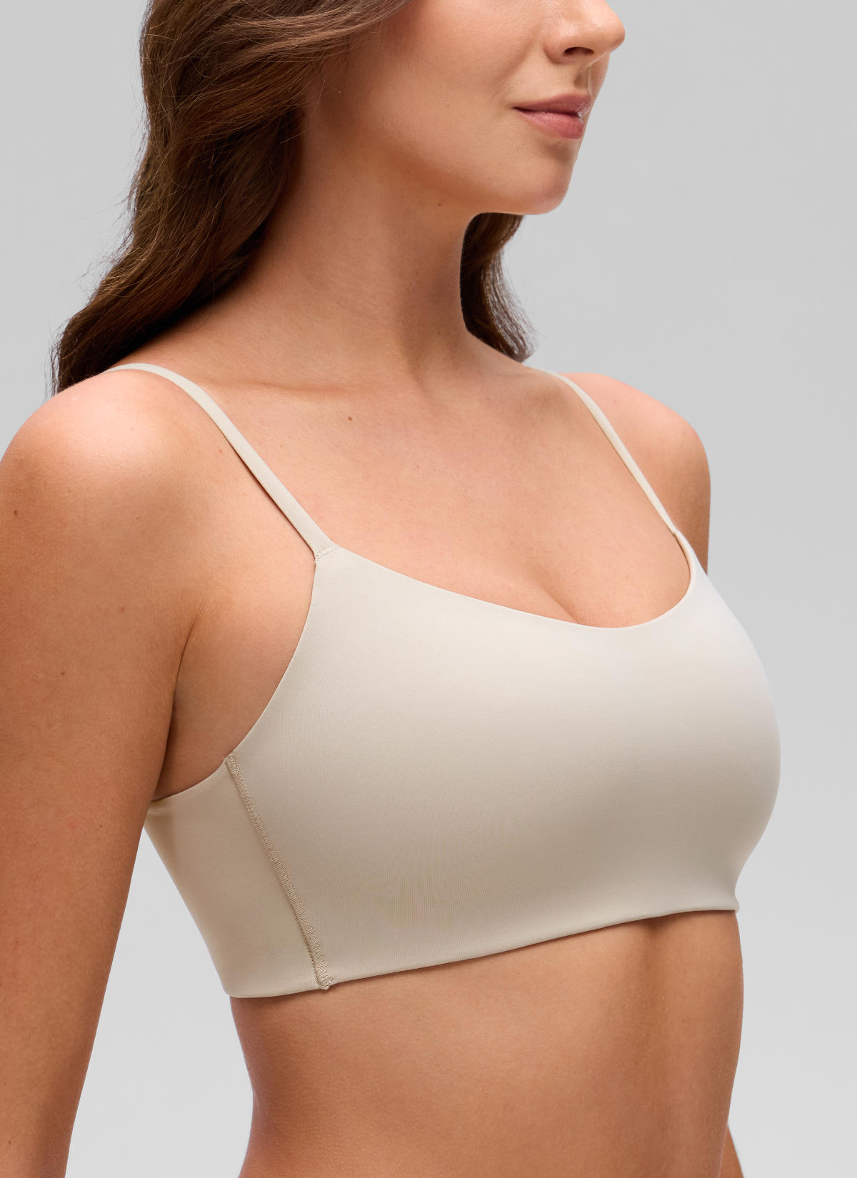 CRZ YOGA Women's Softhold Casual V Neck Mold Spaghetti Strap Bralette Mojave Tan @model_info:Gelye
