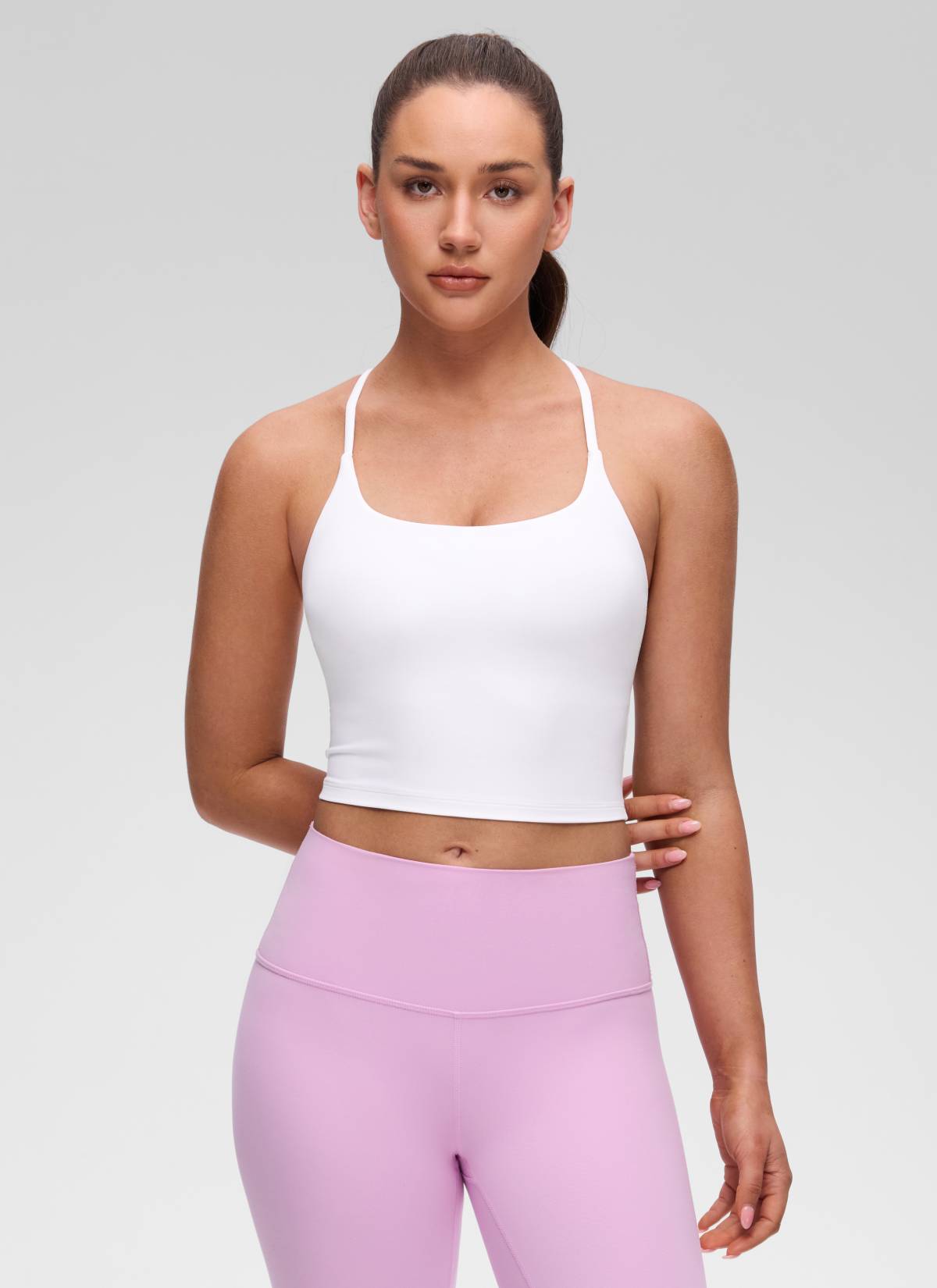 CRZ YOGA Women's Butterluxe U Neck Twist Cross Back Built in Bra Tank White @model_info:Brooklyn