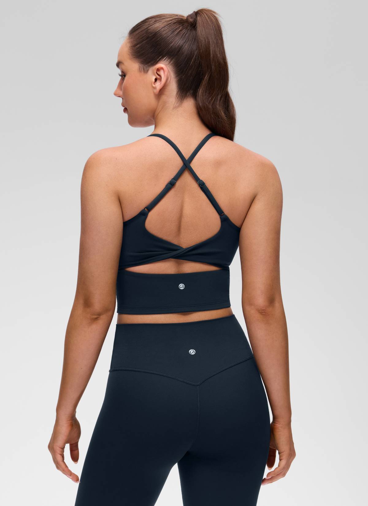 CRZ YOGA Women's Butterluxe U Neck Twist Cross Back Built in Bra Tank True Navy @model_info:Brooklyn